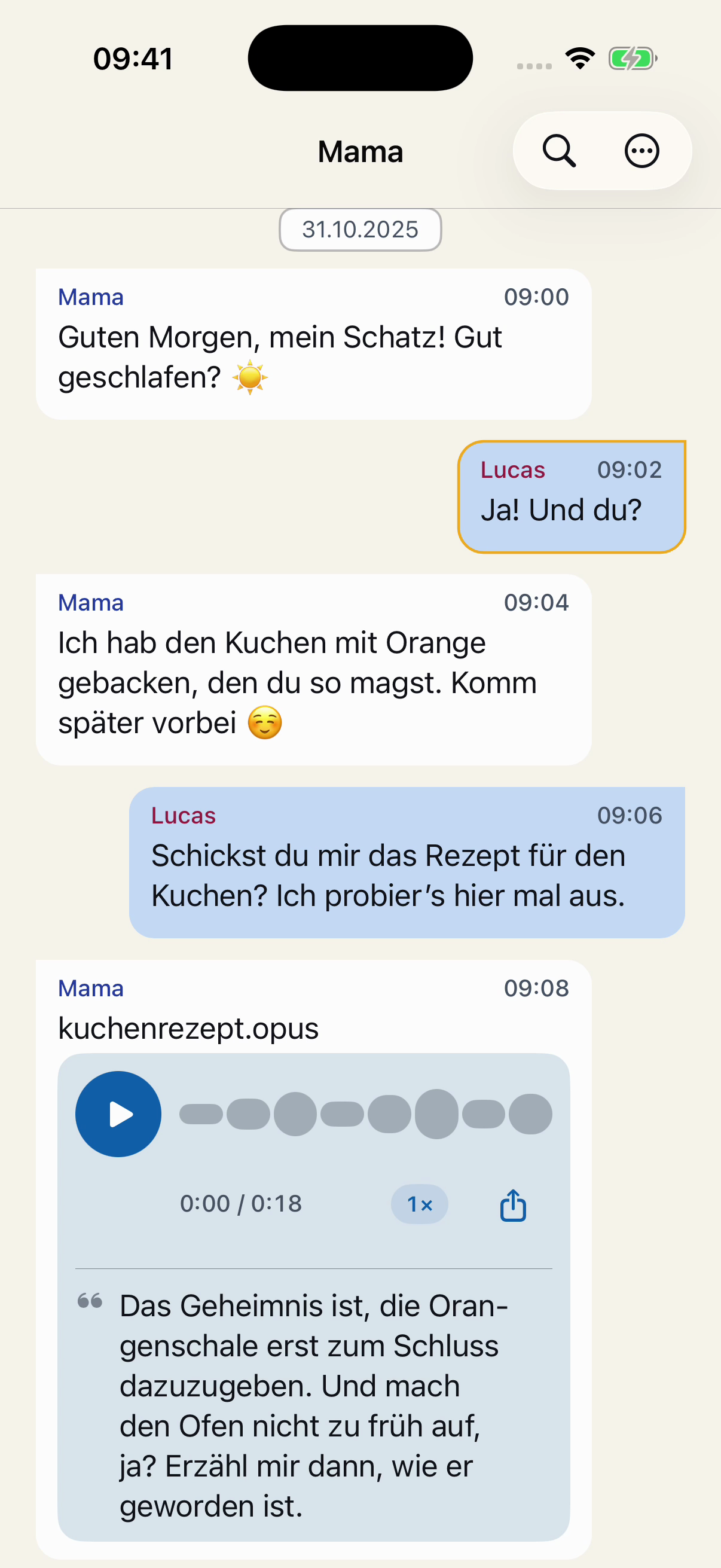 Erfundener Chat mit Mama in Chat Archive: ein Guten Morgen, ein Rezept für Orangenkuchen und eine Sprachnachricht.