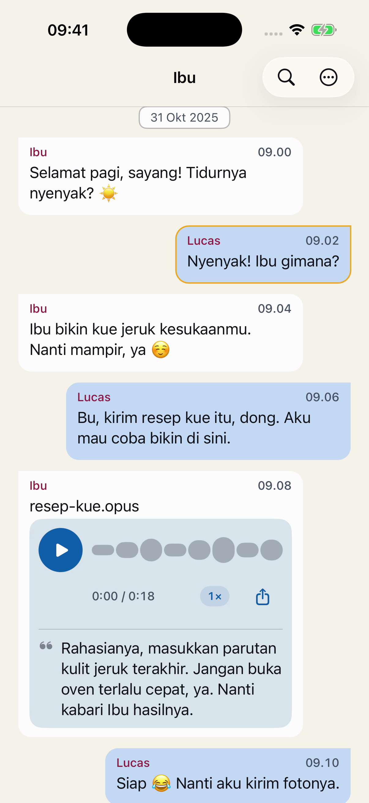 Percakapan fiktif dengan Ibu di Chat Archive: sapaan pagi, resep kue jeruk, dan pesan suara.