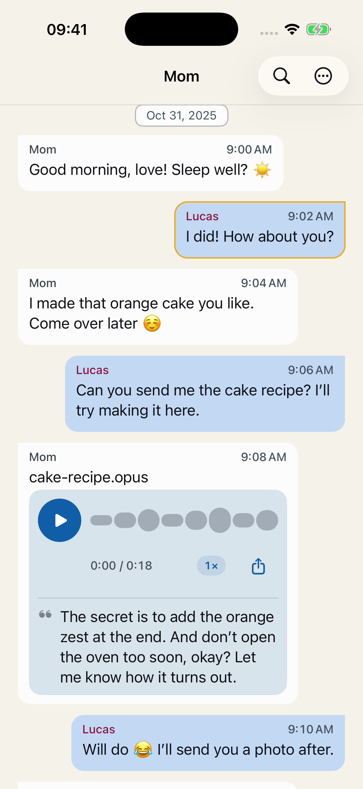 A fictional conversation with Mom in Chat Archive: a morning hello, an orange cake recipe, and a voice message.