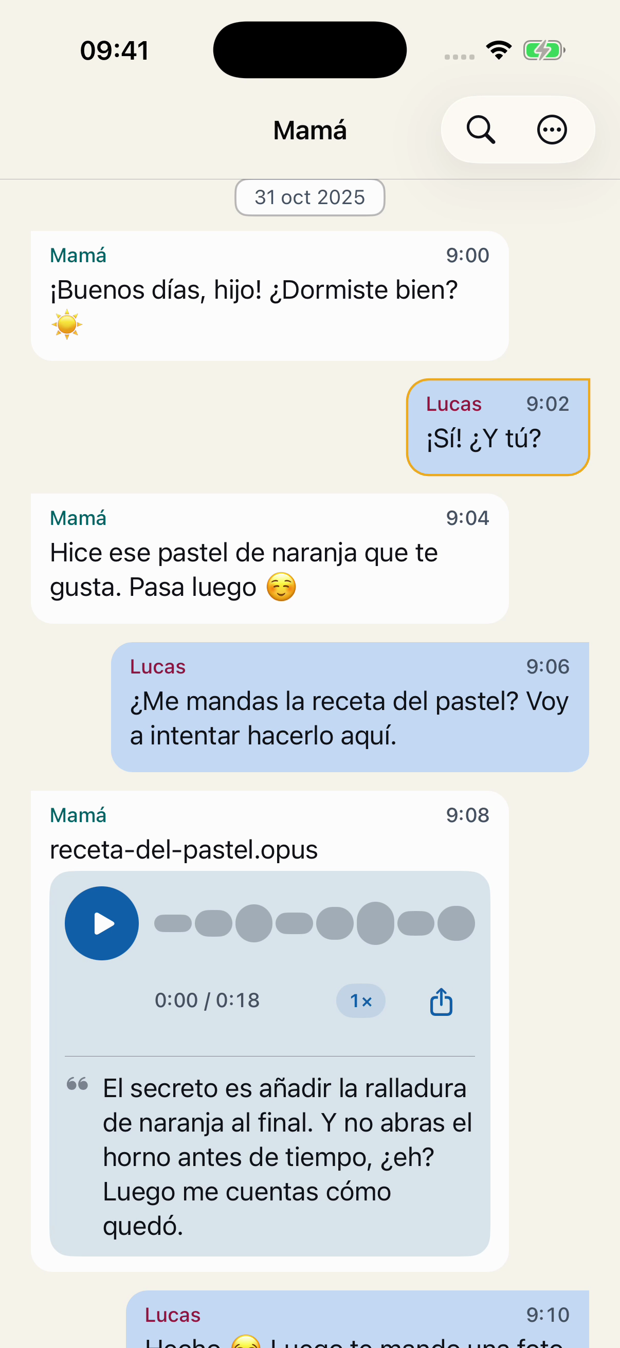Conversación ficticia con Mamá en Chat Archive: un saludo de buenos días, una receta de pastel de naranja y un mensaje de voz.