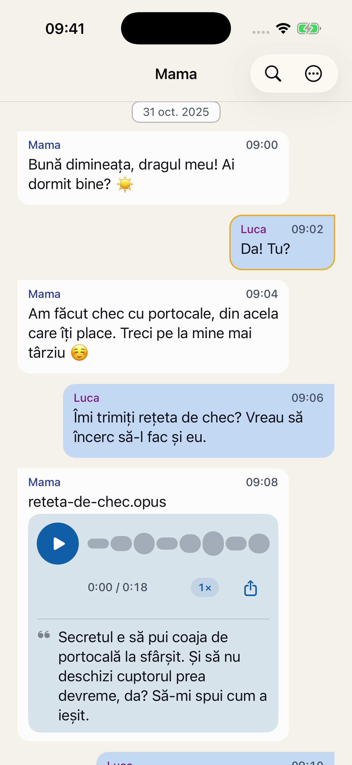 O conversație fictivă cu Mama în Chat Archive: un salut de dimineață, o rețetă de chec cu portocale și un mesaj vocal.