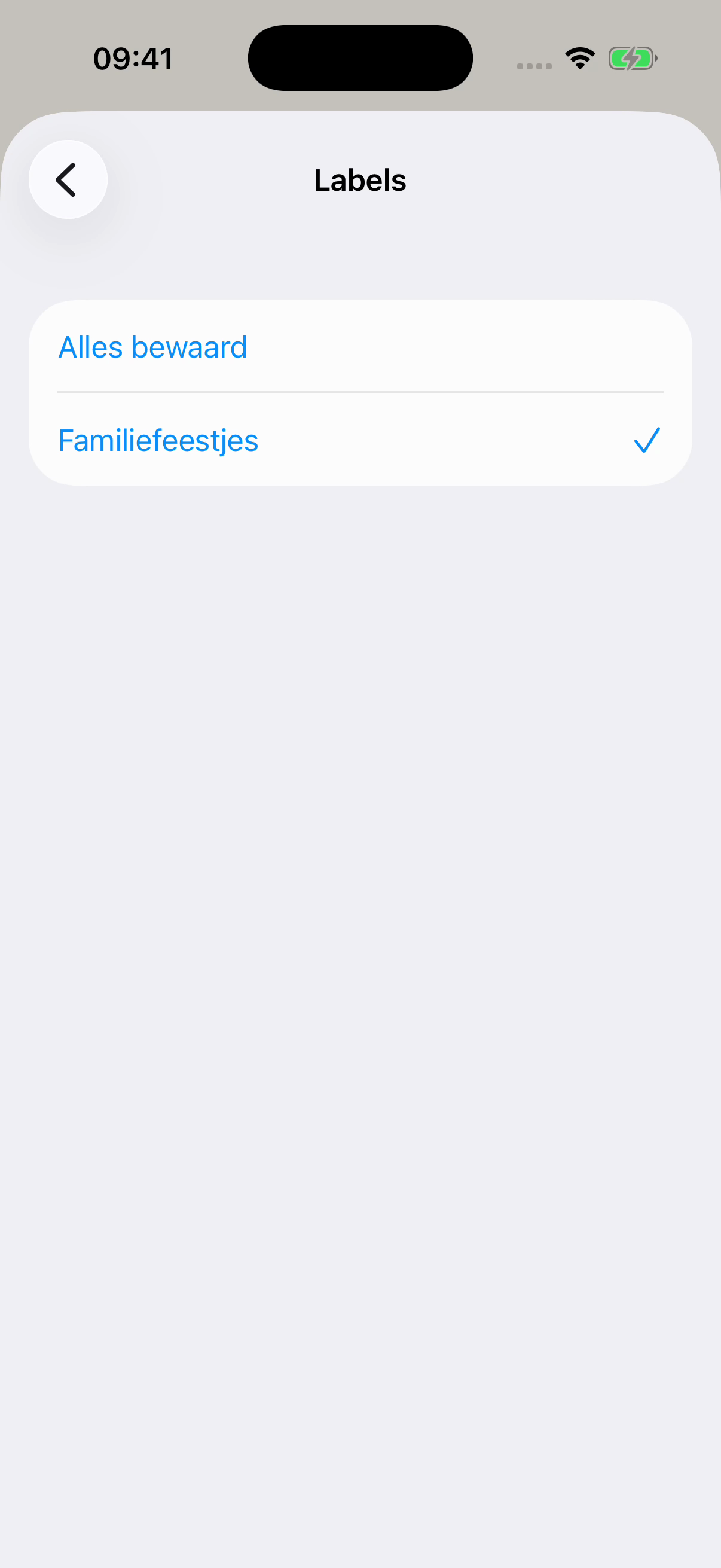 Het scherm Labels in Chat Archive met Familiefeestjes geselecteerd en Alles bewaard erboven. Verzonnen voorbeeld.