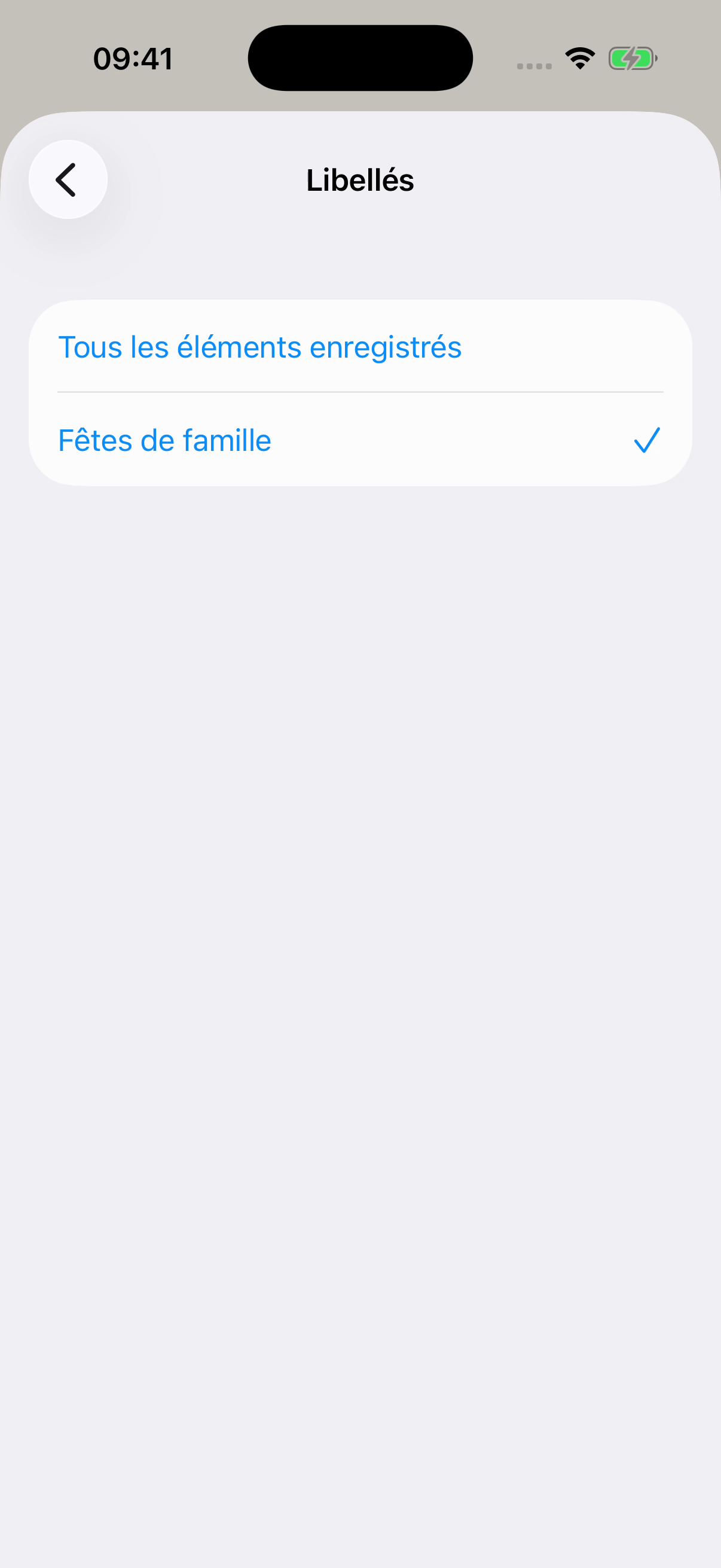 Écran Libellés de Chat Archive avec Fêtes de famille sélectionné et Tous les éléments enregistrés au-dessus. Exemple fictif.