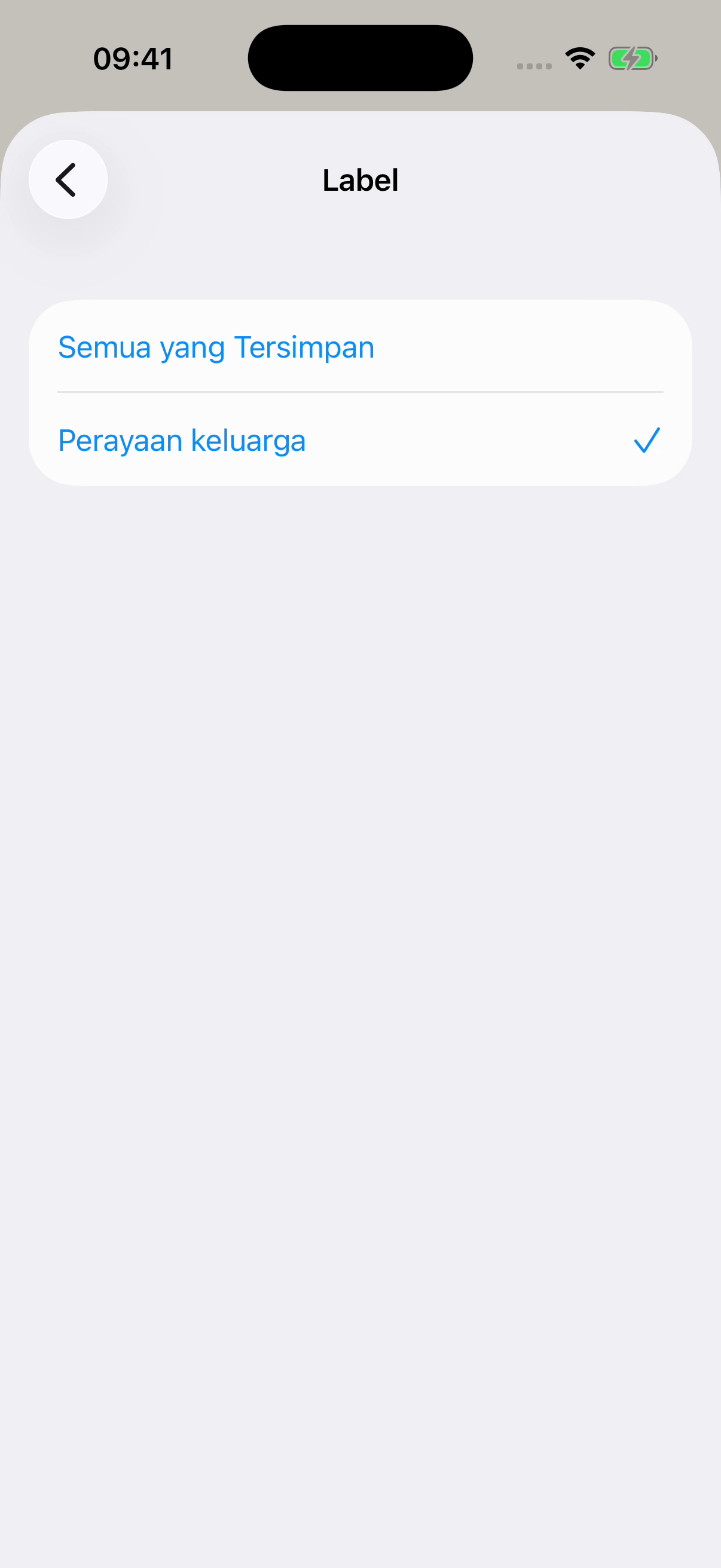 Layar Label di Chat Archive dengan Perayaan keluarga dipilih dan Semua yang Tersimpan di atasnya. Contoh fiktif.