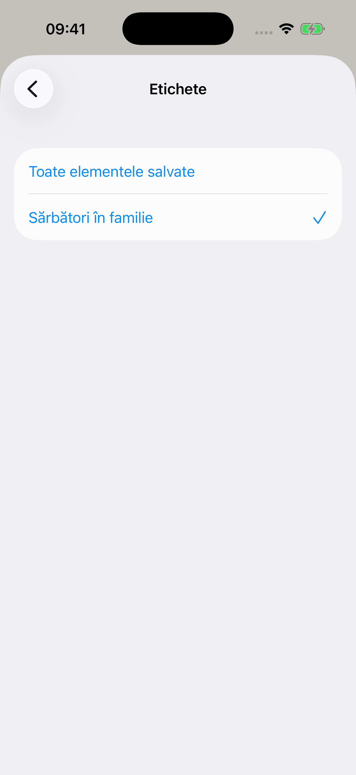 Ecranul Etichete din Chat Archive cu Sărbători în familie selectată și Toate elementele salvate deasupra. Exemplu fictiv.