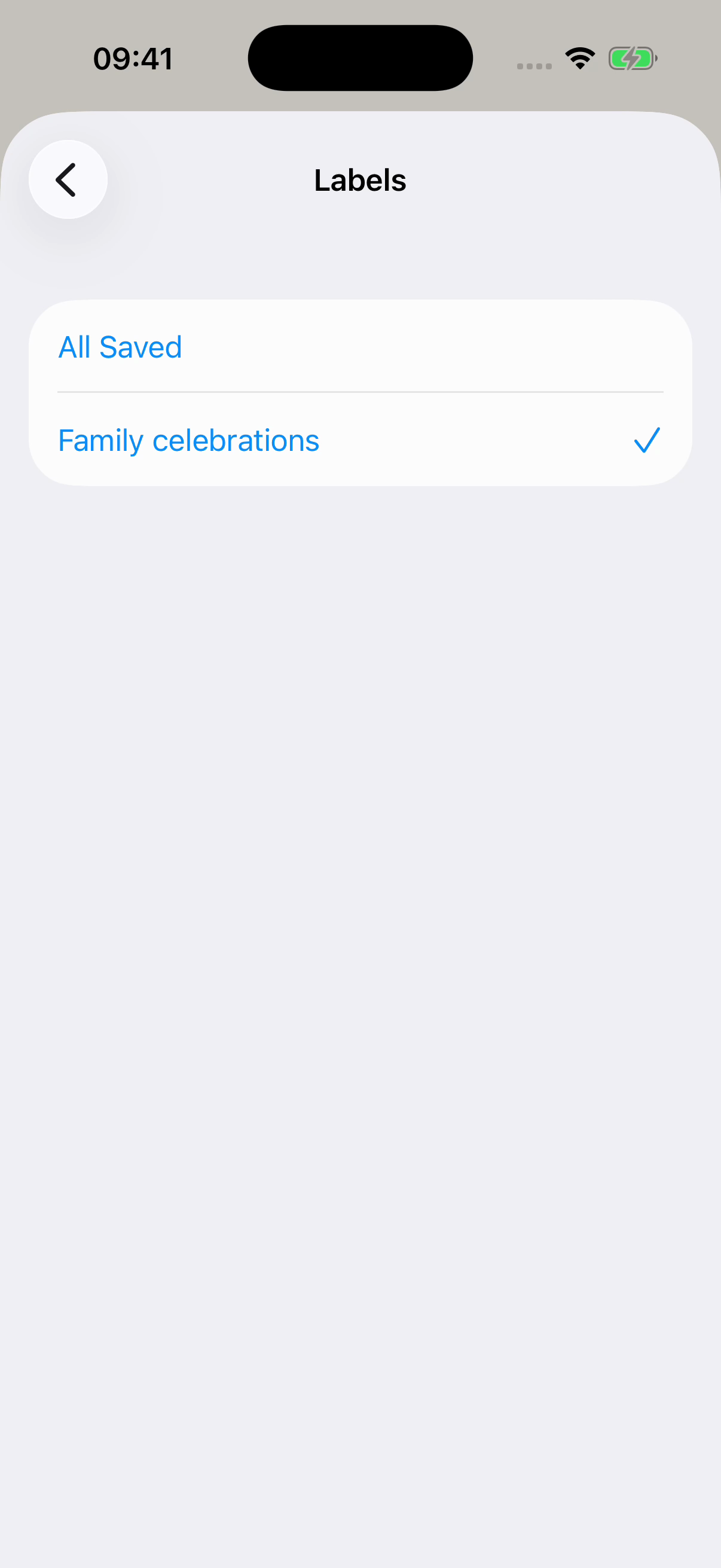 Chat Archive’s Labels screen with Family celebrations selected and All Saved above it. Fictional example.