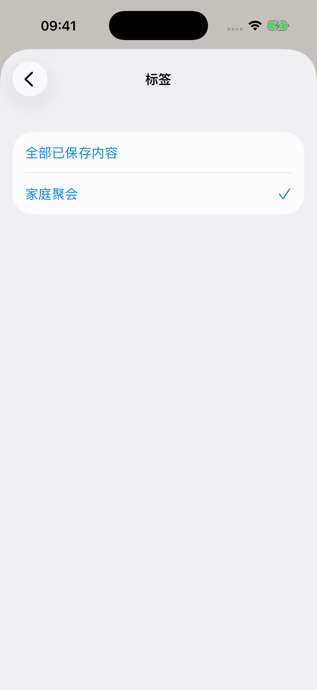 Chat Archive 标签界面，家庭聚会已选中，上方是全部已保存内容。虚构示例。