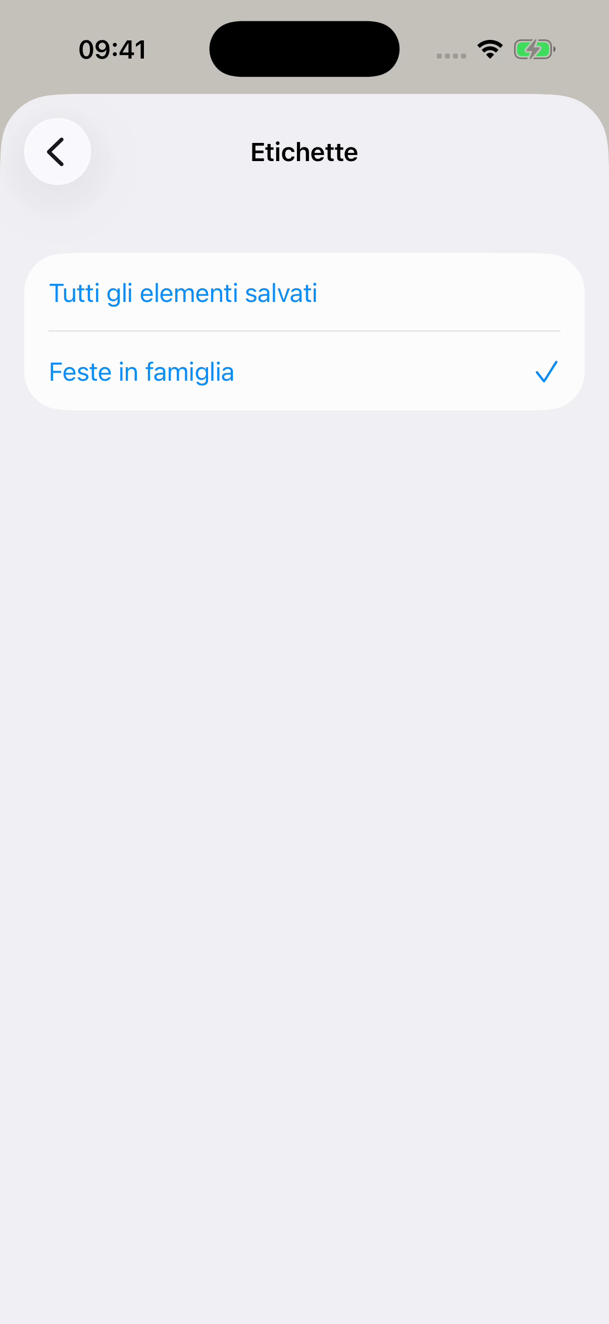 Schermata Etichette di Chat Archive con Feste in famiglia selezionata e Tutti gli elementi salvati in alto. Esempio fittizio.