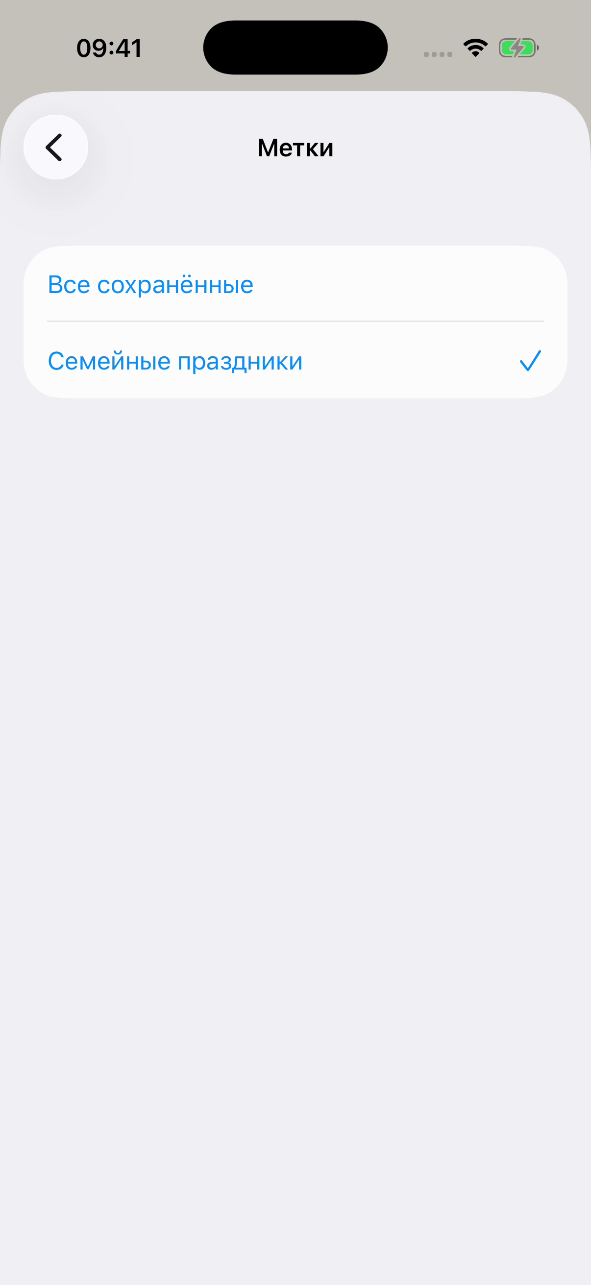Экран «Метки» в Chat Archive: выбраны «Семейные праздники», выше — пункт «Все сохранённые». Вымышленный пример.