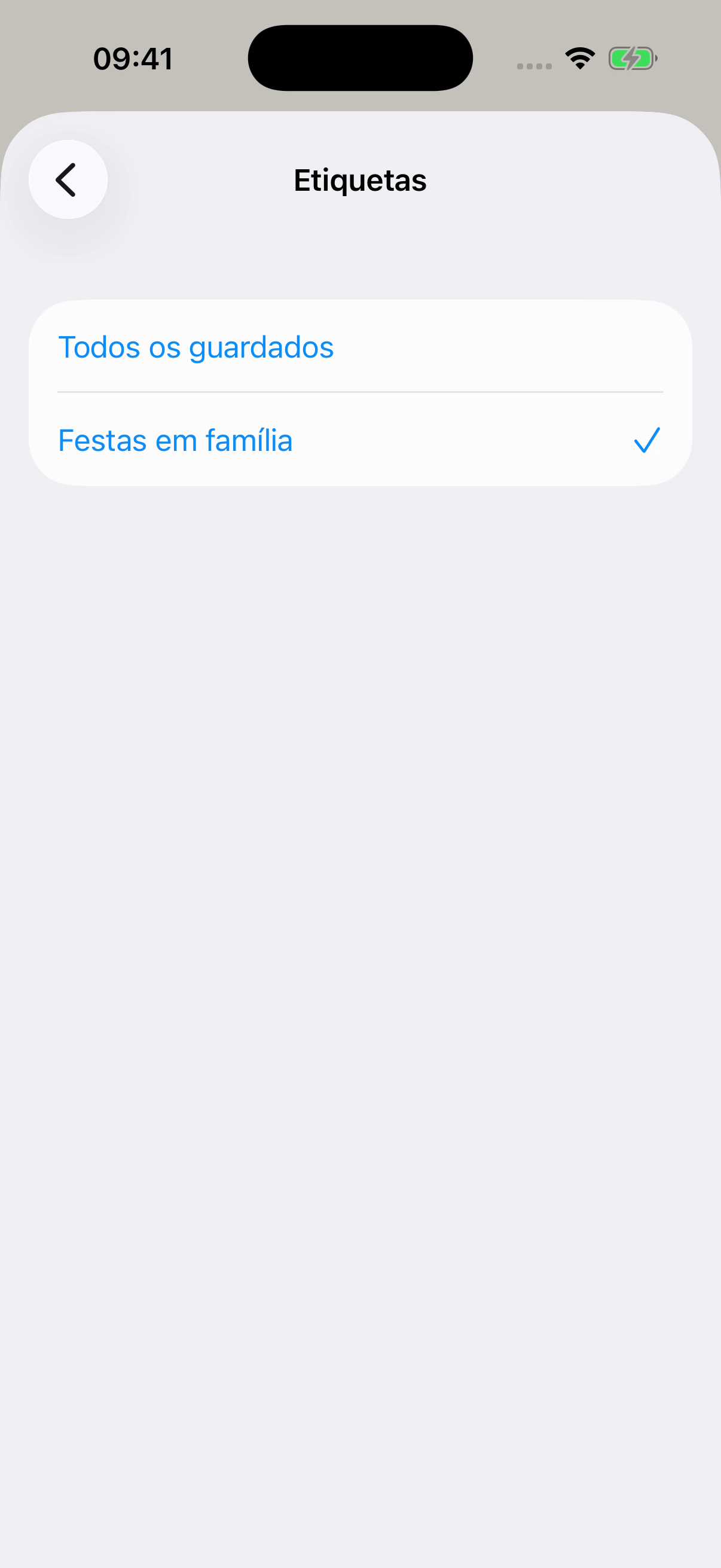 Ecrã Etiquetas do Chat Archive com Festas em família selecionada e Todos os guardados acima. Exemplo fictício.