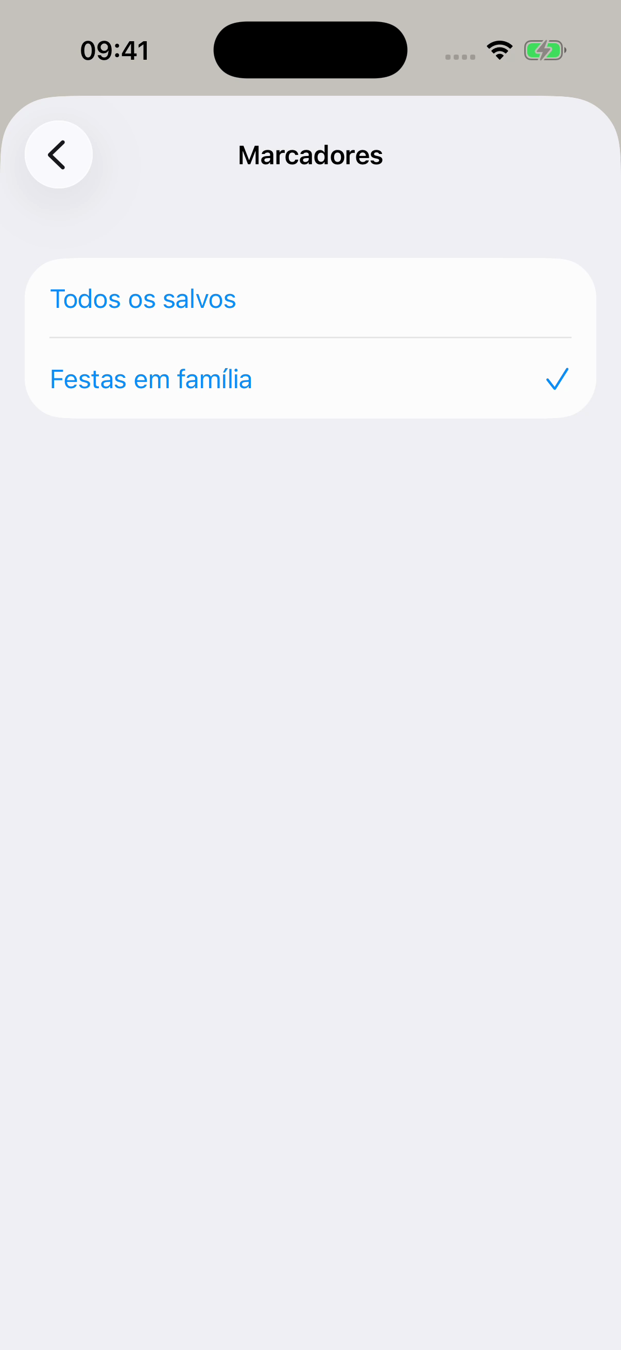 Tela Marcadores do Chat Archive com Festas em família selecionado e a opção Todos os salvos acima. Exemplo fictício.