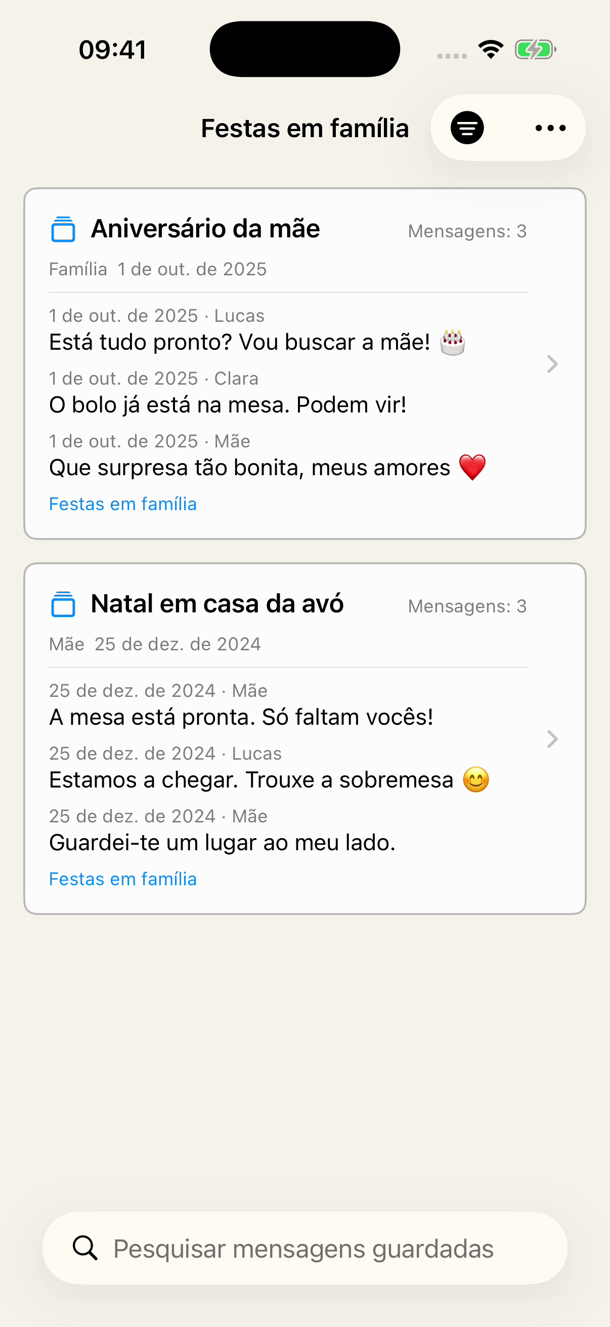 Guardados no Chat Archive filtrados pela etiqueta Festas em família, com Aniversário da mãe, da conversa Família, e Natal em casa da avó, da conversa Mãe, e pré-visualizações das mensagens.