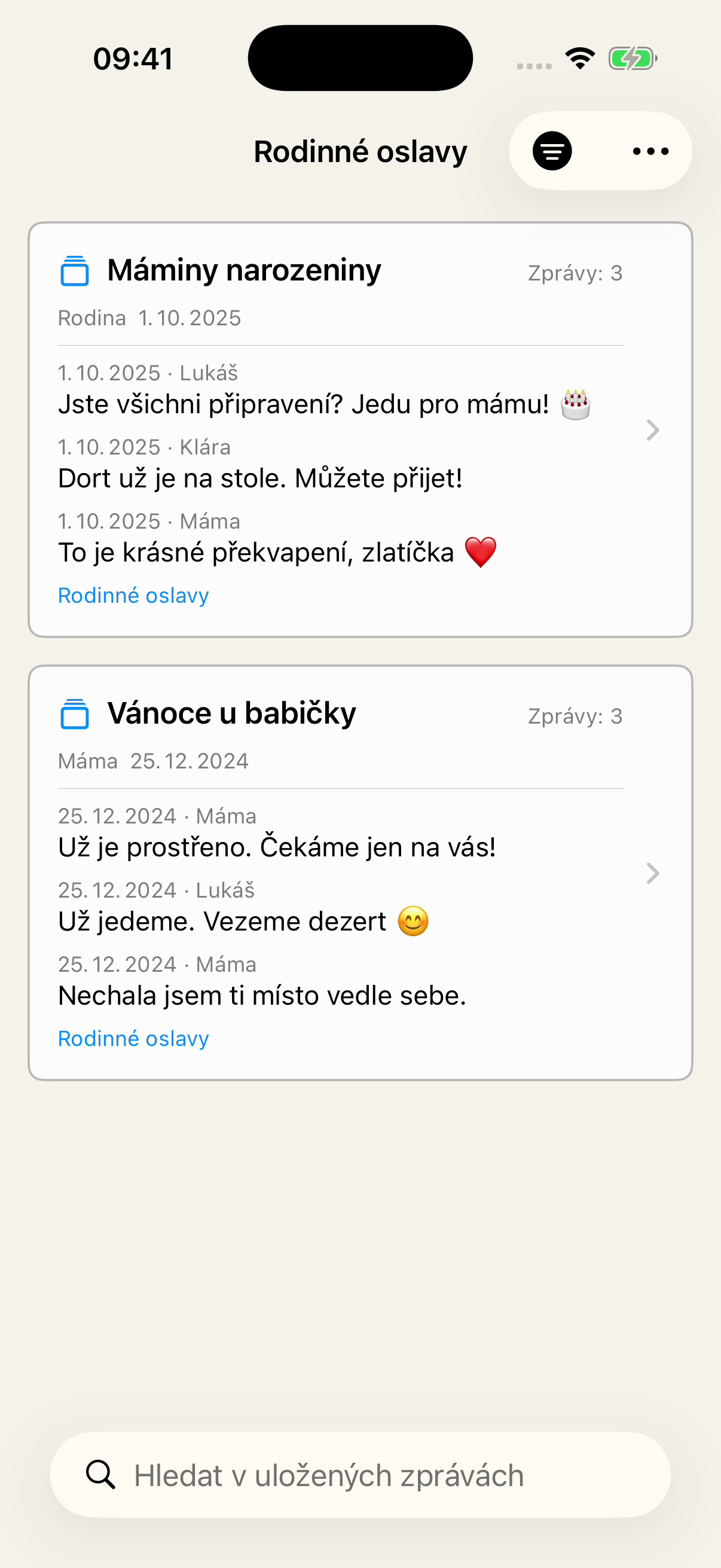 Část Uložené v Chat Archive s filtrem Rodinné oslavy. Zobrazuje Máminy narozeniny z konverzace Rodina a Vánoce u babičky z konverzace Máma, včetně náhledů zpráv.