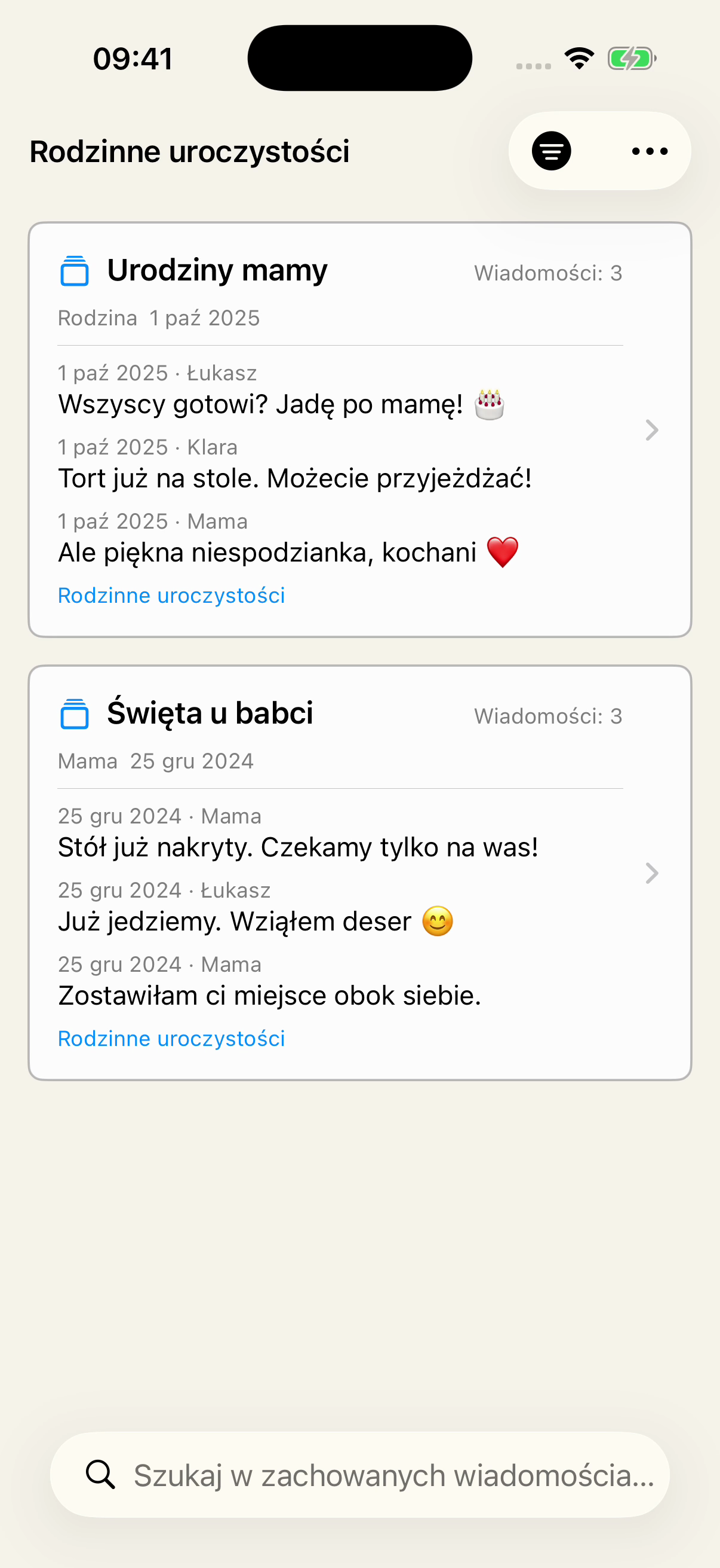 Sekcja Zachowane w Chat Archive z filtrem Rodzinne uroczystości. Pokazuje Urodziny mamy z rozmowy Rodzina i Święta u babci z rozmowy Mama wraz z podglądem wiadomości.