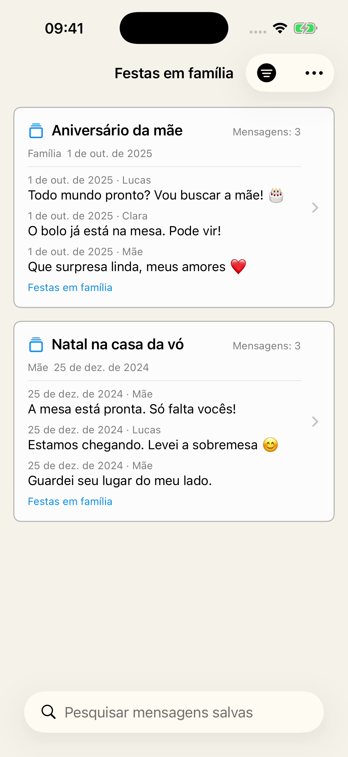 Salvos no Chat Archive filtrados pelo marcador Festas em família, mostrando Aniversário da mãe, da conversa Família, e Natal na casa da vó, da conversa Mãe, com prévias das mensagens.