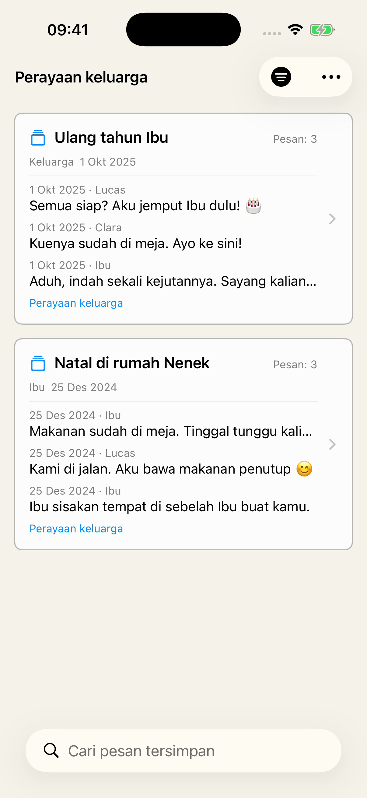 Tersimpan di Chat Archive difilter dengan label Perayaan keluarga, menampilkan Ulang tahun Ibu dari percakapan Keluarga dan Natal di rumah Nenek dari percakapan Ibu, beserta pratinjau pesan.