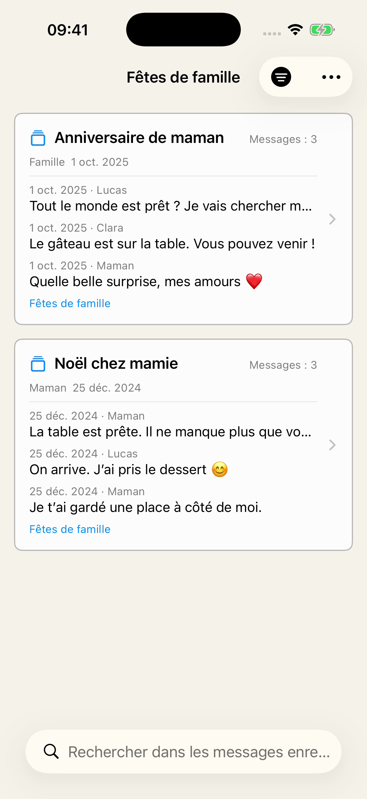 Enregistrés dans Chat Archive, filtrés par Fêtes de famille, avec Anniversaire de maman, de la conversation Famille, et Noël chez mamie, de Maman, accompagnés d’aperçus des messages.