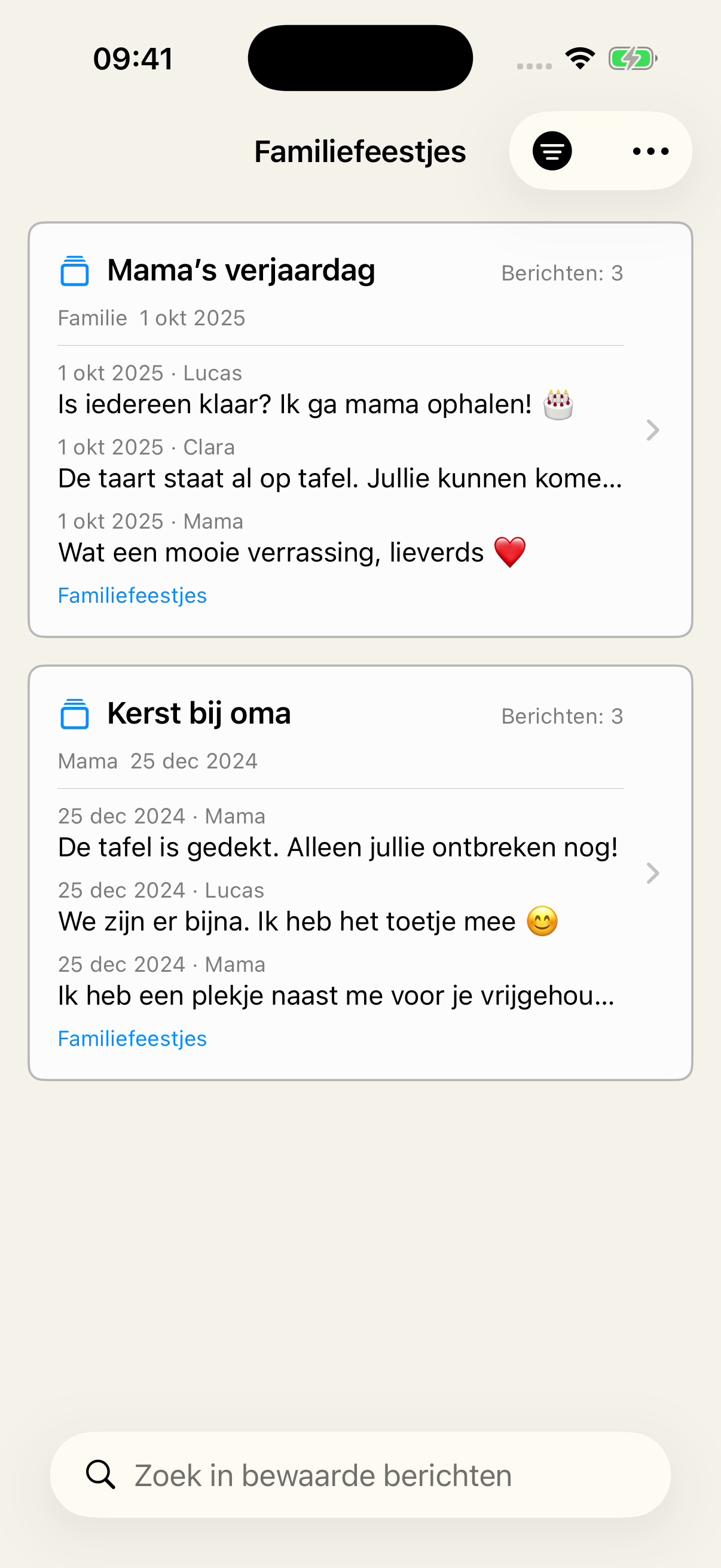 Bewaard in Chat Archive, gefilterd op Familiefeestjes, met Mama’s verjaardag uit het gesprek Familie en Kerst bij oma uit Mama, met voorbeelden van de berichten.