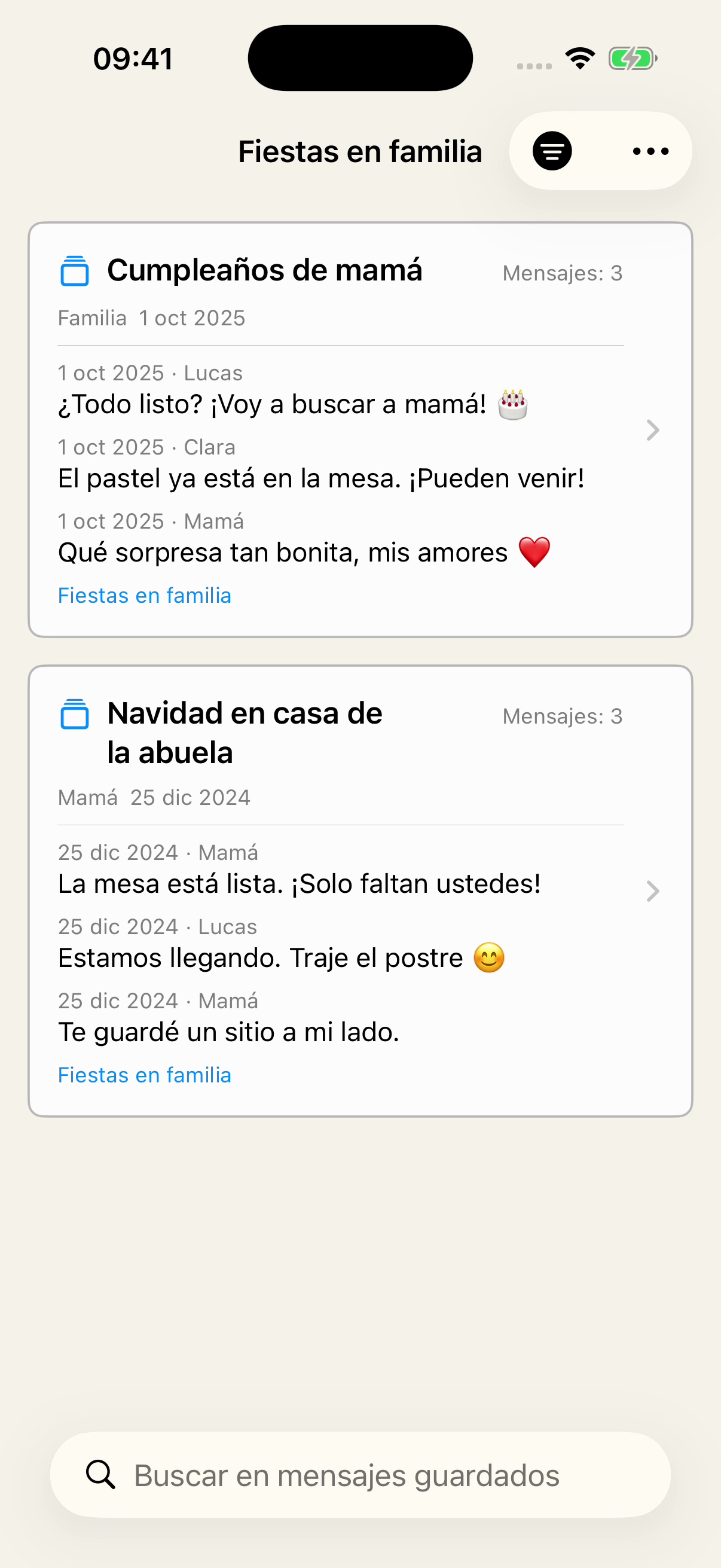 Guardado en Chat Archive filtrado por Fiestas en familia, con Cumpleaños de mamá, de la conversación Familia, y Navidad en casa de la abuela, de Mamá, con vistas previas de los mensajes.
