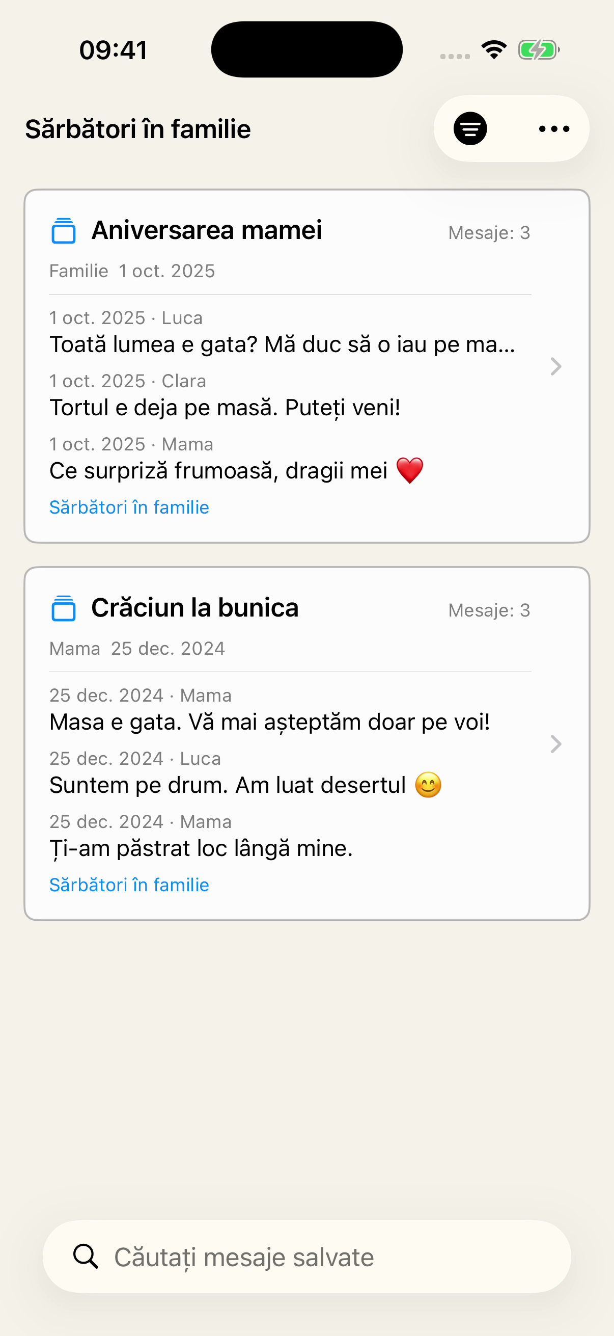 Secțiunea Salvate din Chat Archive, filtrată după Sărbători în familie, afișează Aniversarea mamei din conversația Familie și Crăciun la bunica din conversația Mama, cu previzualizări ale mesajelor.