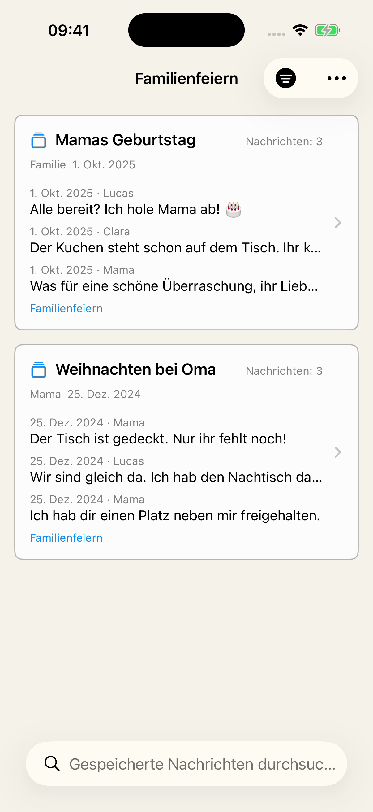 Gespeichert in Chat Archive, gefiltert nach Familienfeiern, mit Mamas Geburtstag aus dem Chat Familie und Weihnachten bei Oma aus dem Chat Mama, jeweils mit Nachrichtenvorschau.