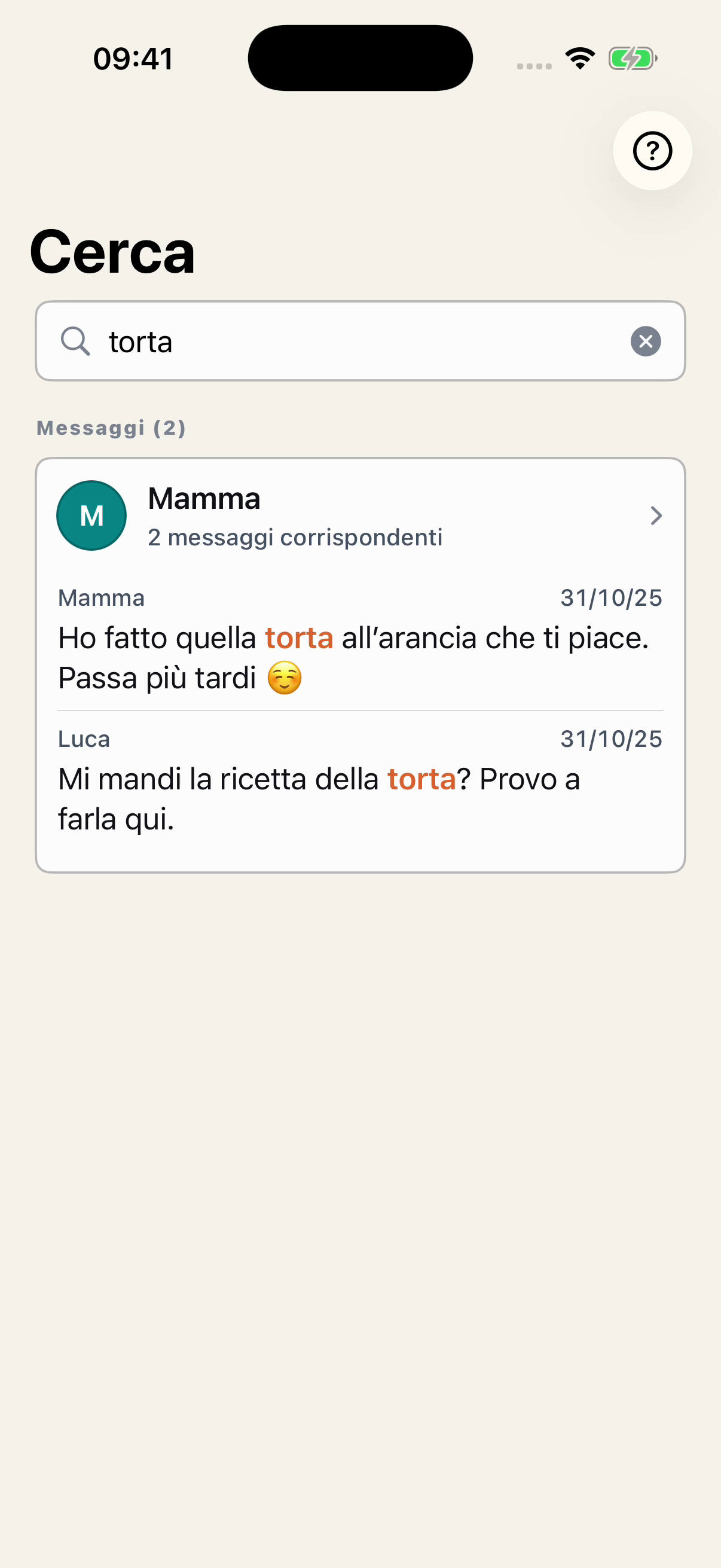 Ricerca della parola torta in Chat Archive, evidenziata in due risultati di una conversazione fittizia tra Mamma e Luca, con nomi e date.