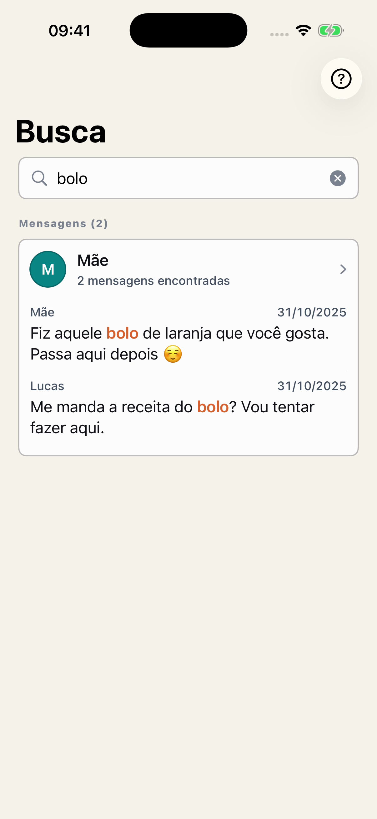 Busca por bolo no Chat Archive, com a palavra destacada em dois resultados da conversa fictícia entre Mãe e Lucas, acompanhados de nomes e datas.