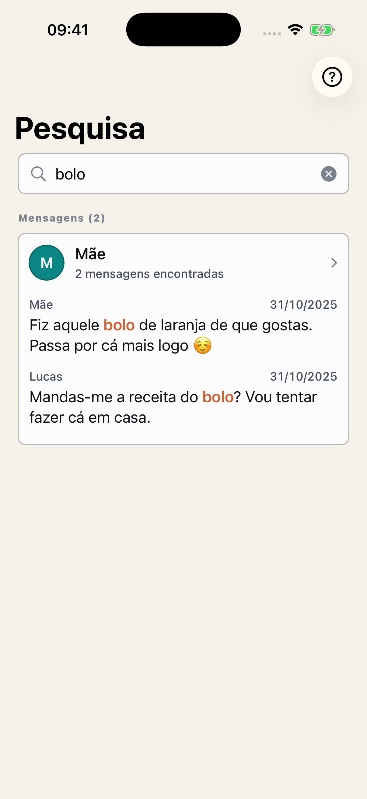 Pesquisa por bolo no Chat Archive, com a palavra destacada em dois resultados da conversa fictícia entre a Mãe e o Lucas, acompanhados de nomes e datas.