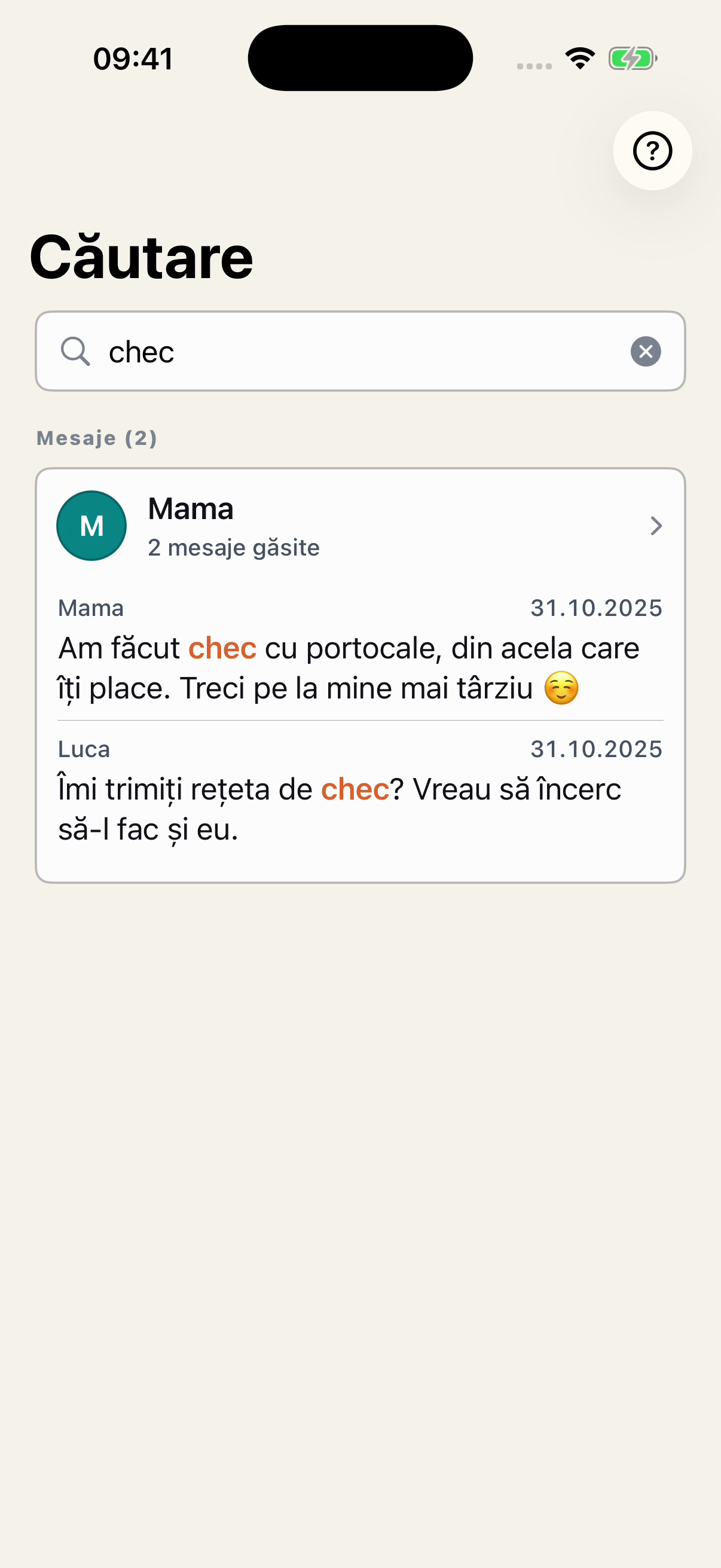 Căutarea cuvântului chec în Chat Archive, evidențiat în două rezultate din conversația fictivă dintre Mama și Luca, fiecare cu nume și dată.