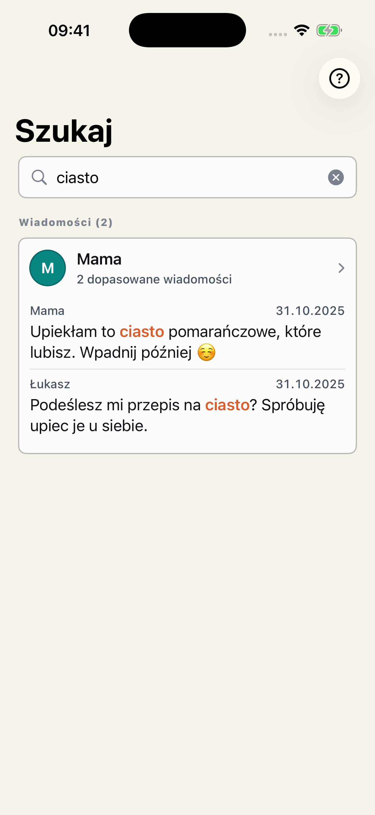 Wyszukiwanie słowa ciasto w Chat Archive. Dwa wyniki z fikcyjnej rozmowy Mamy i Łukasza z wyróżnionym słowem, imieniem i datą.