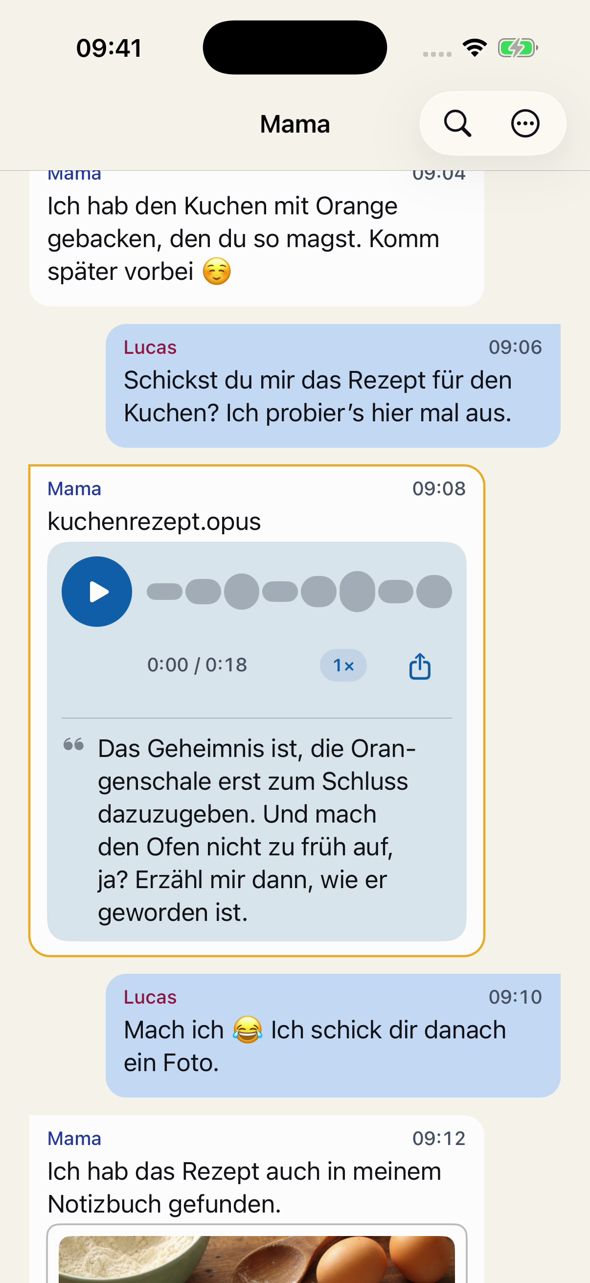 Erfundene Nachrichten in Chat Archive in ihrer ursprünglichen Reihenfolge: Lucas fragt nach dem Rezept, Mama schickt eine Sprachnachricht und er verspricht ein Foto vom Kuchen.