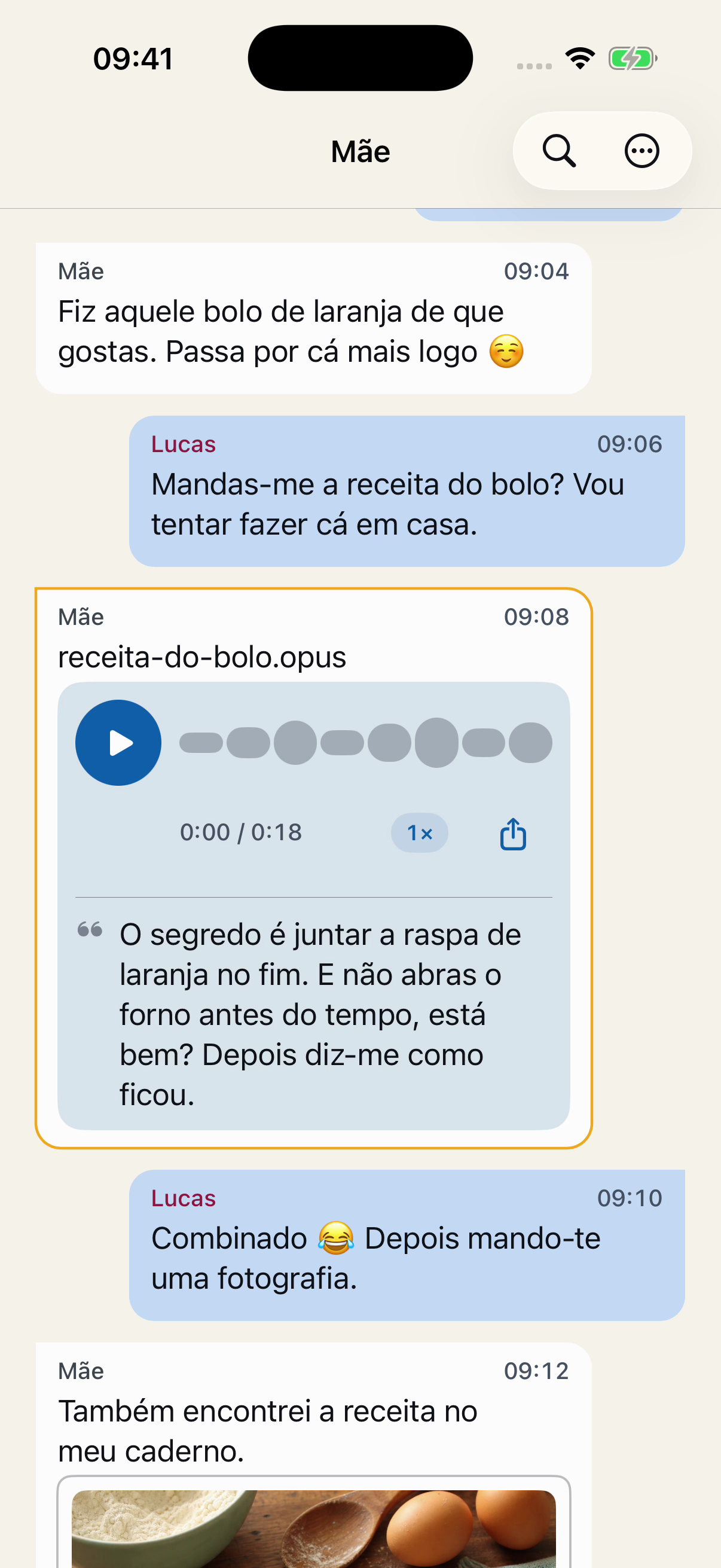 Mensagens fictícias pela ordem original no Chat Archive: o Lucas pede a receita, a Mãe envia uma mensagem de voz e ele responde que vai enviar uma fotografia do bolo.
