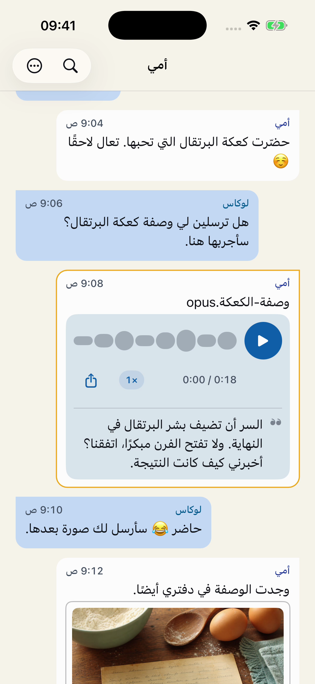 رسائل خيالية مرتبة في Chat Archive: يطلب لوكاس الوصفة، وترسل أمي رسالة صوتية، فيرد بأنه سيرسل صورة للكعكة.