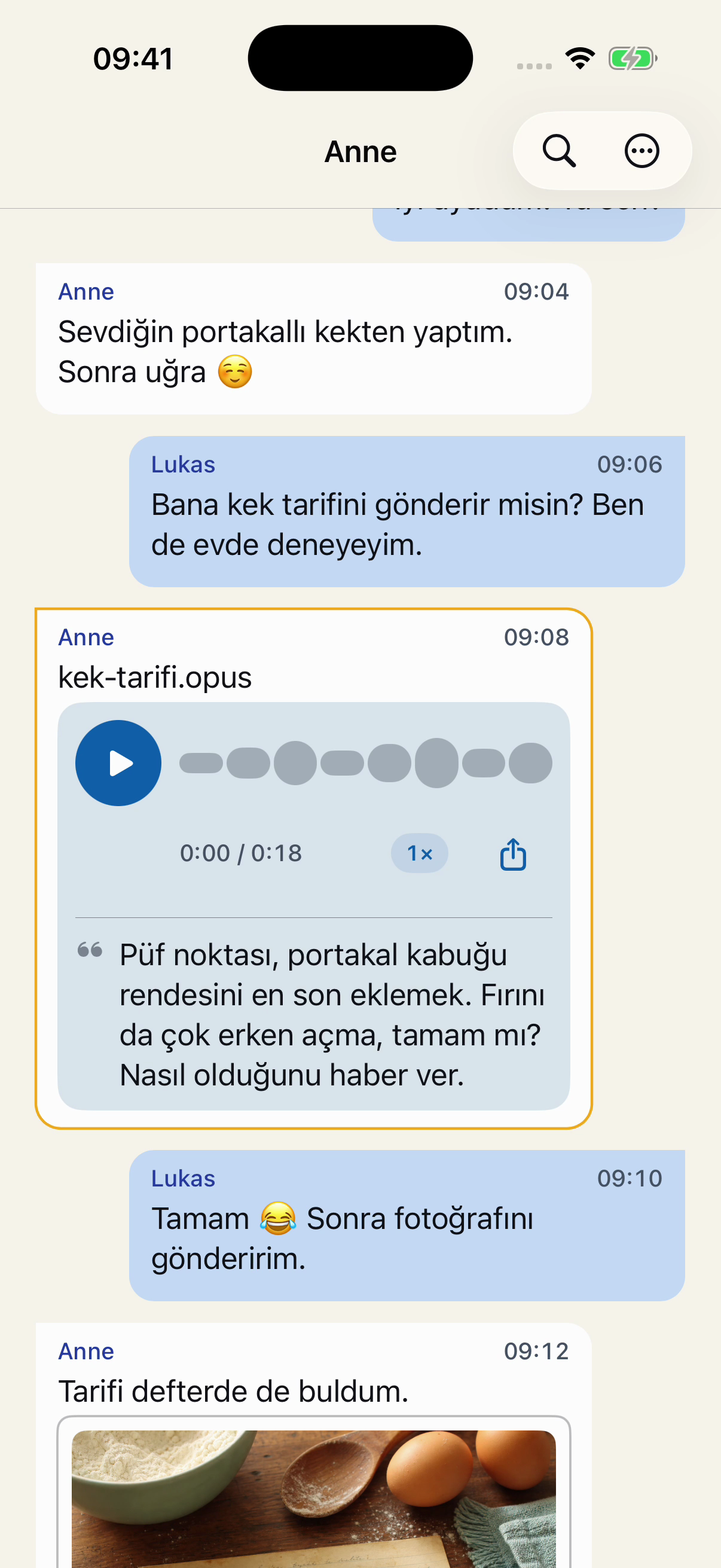 Chat Archive'da sırasıyla kurgusal mesajlar: Lukas tarifi istiyor, Anne sesli mesaj gönderiyor ve Lukas kekin fotoğrafını göndereceğini söylüyor.