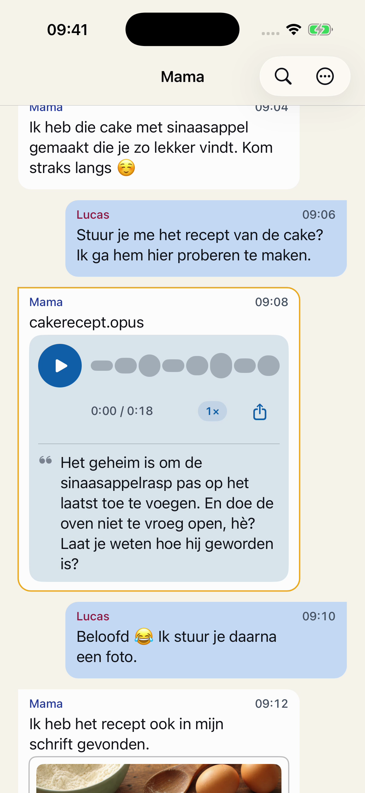 Verzonnen berichten in volgorde in Chat Archive: Lucas vraagt om het recept, Mama stuurt een spraakbericht en hij belooft een foto van de cake te sturen.