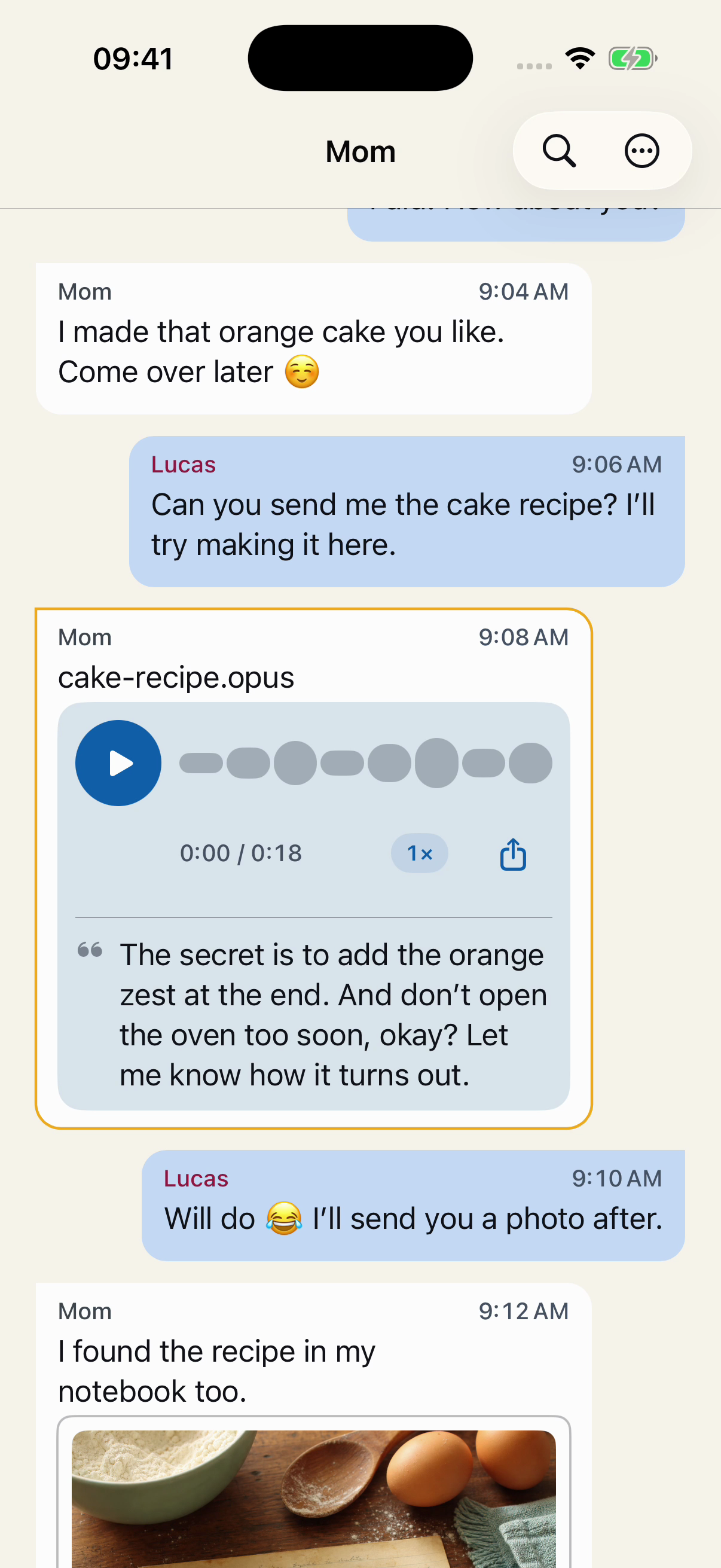 Fictional messages in order in Chat Archive: Lucas asks for the recipe, Mom sends a voice message, and he replies that he’ll send a photo of the cake.