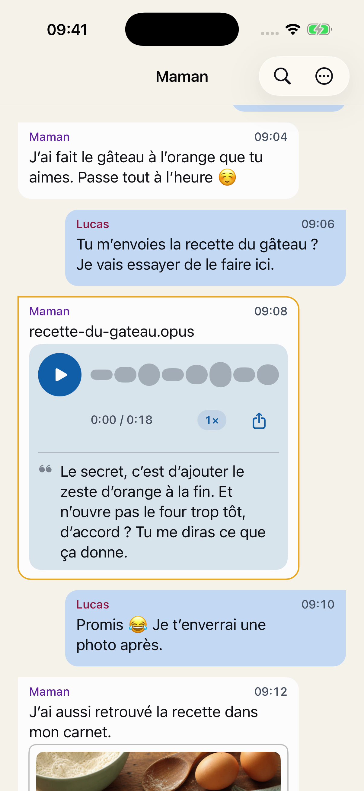 Messages fictifs dans l’ordre dans Chat Archive : Lucas demande la recette, Maman envoie un message vocal, puis il répond qu’il enverra une photo du gâteau.