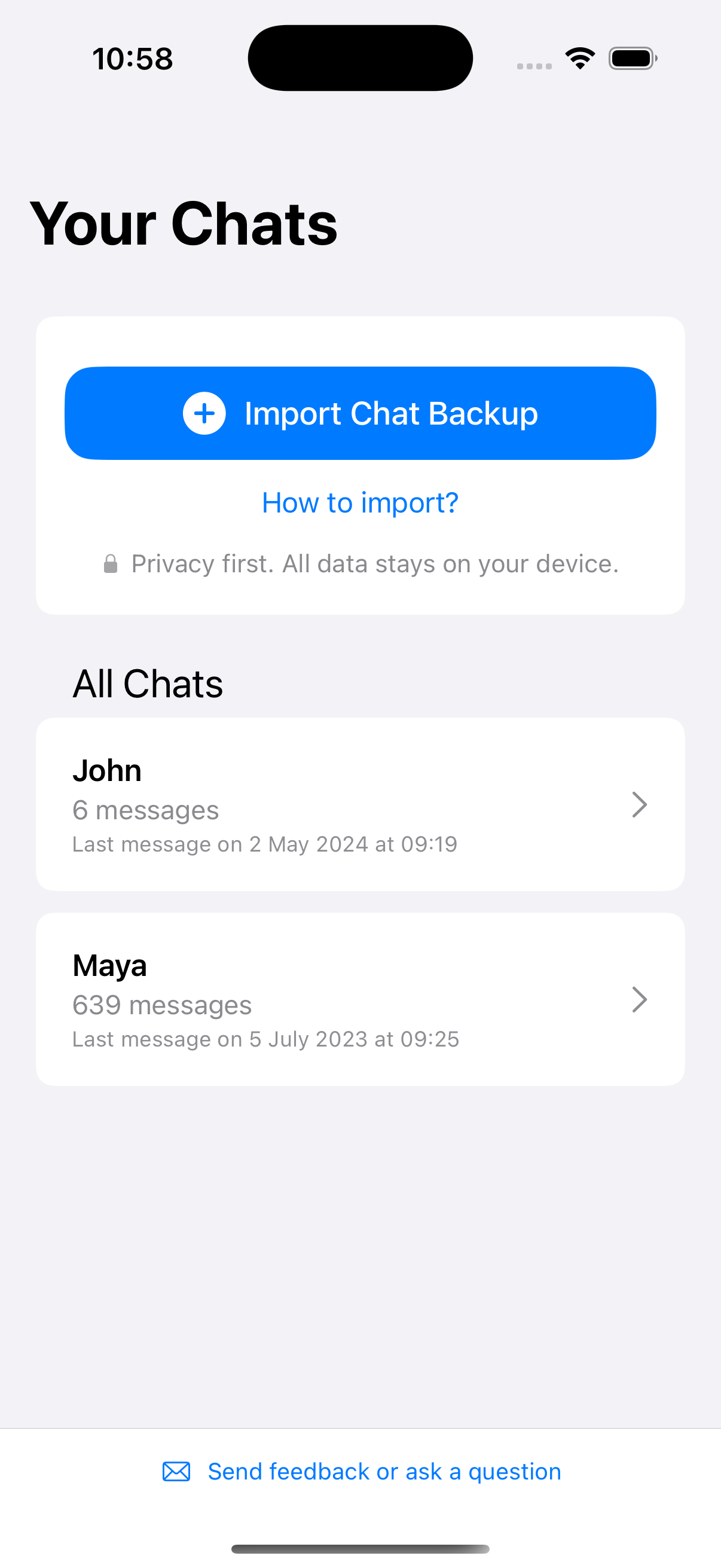 Chat Archive App interface on an iPhone. Consider updating to a more modern phone frame and a more colorful in-app screenshot.