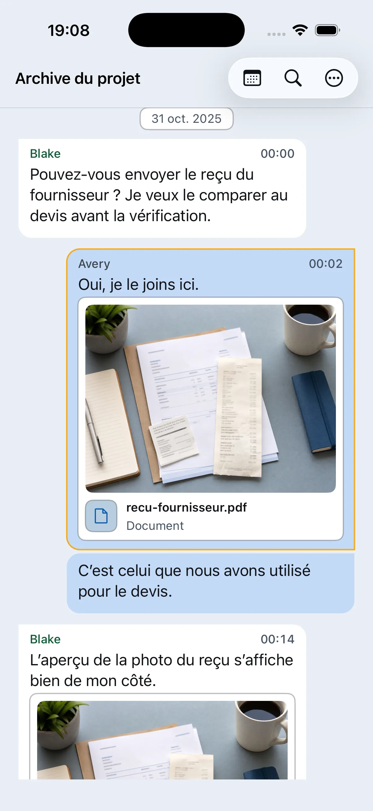 Chat Archive affiche une conversation de projet importée avec des messages et l’aperçu PDF d’un reçu fournisseur