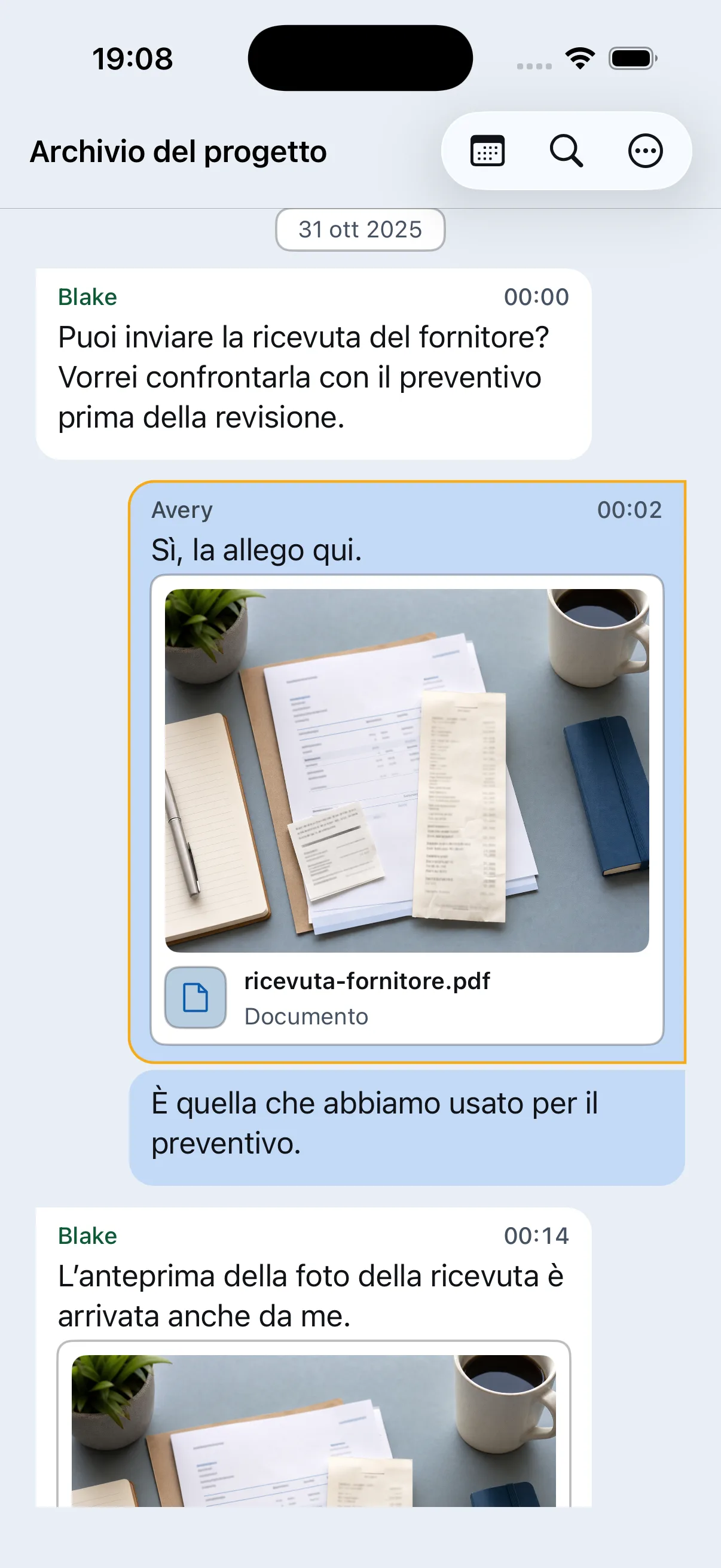 Chat Archive mostra una conversazione di progetto importata con messaggi e l’anteprima PDF della ricevuta di un fornitore