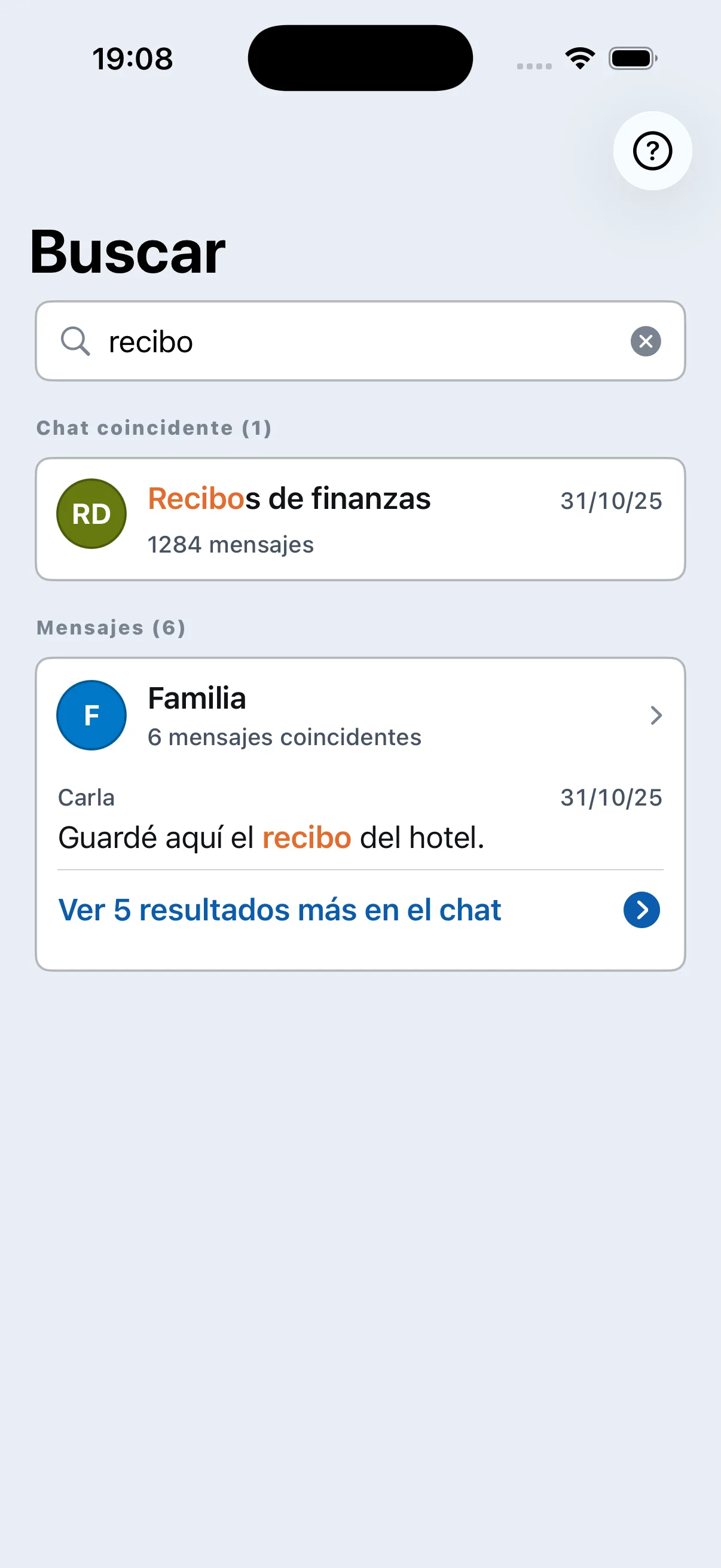 Resultados de búsqueda de Chat Archive en una conversación de ejemplo importada
