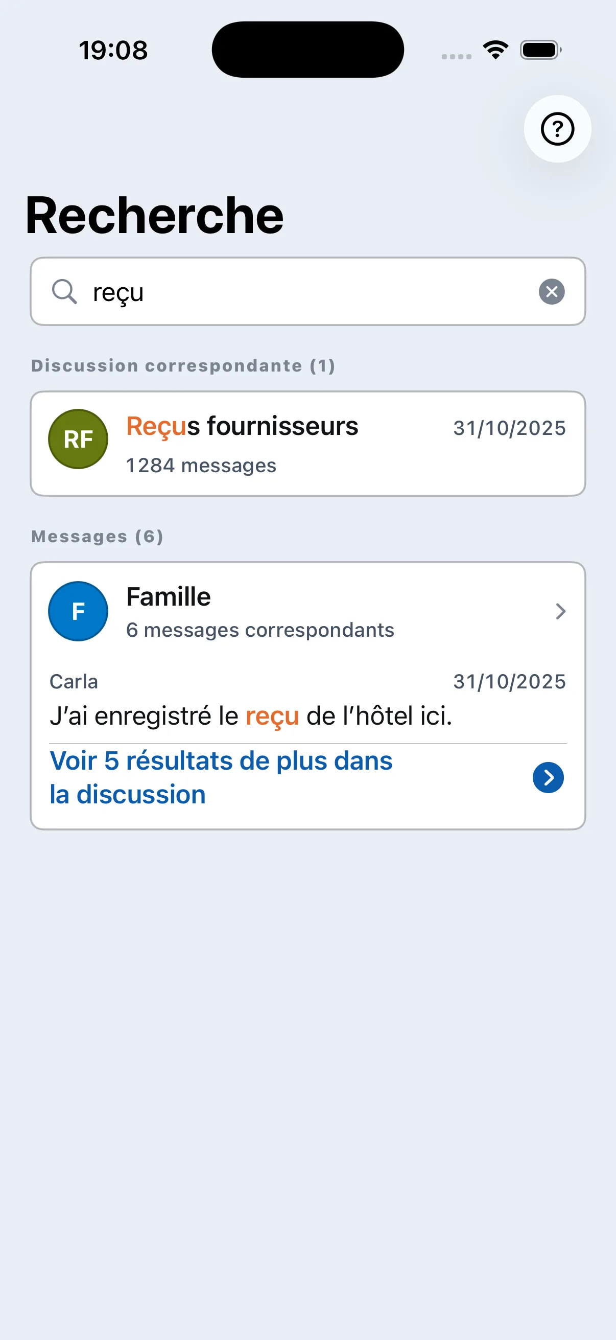 Résultats de recherche de Chat Archive dans un exemple de conversation importée