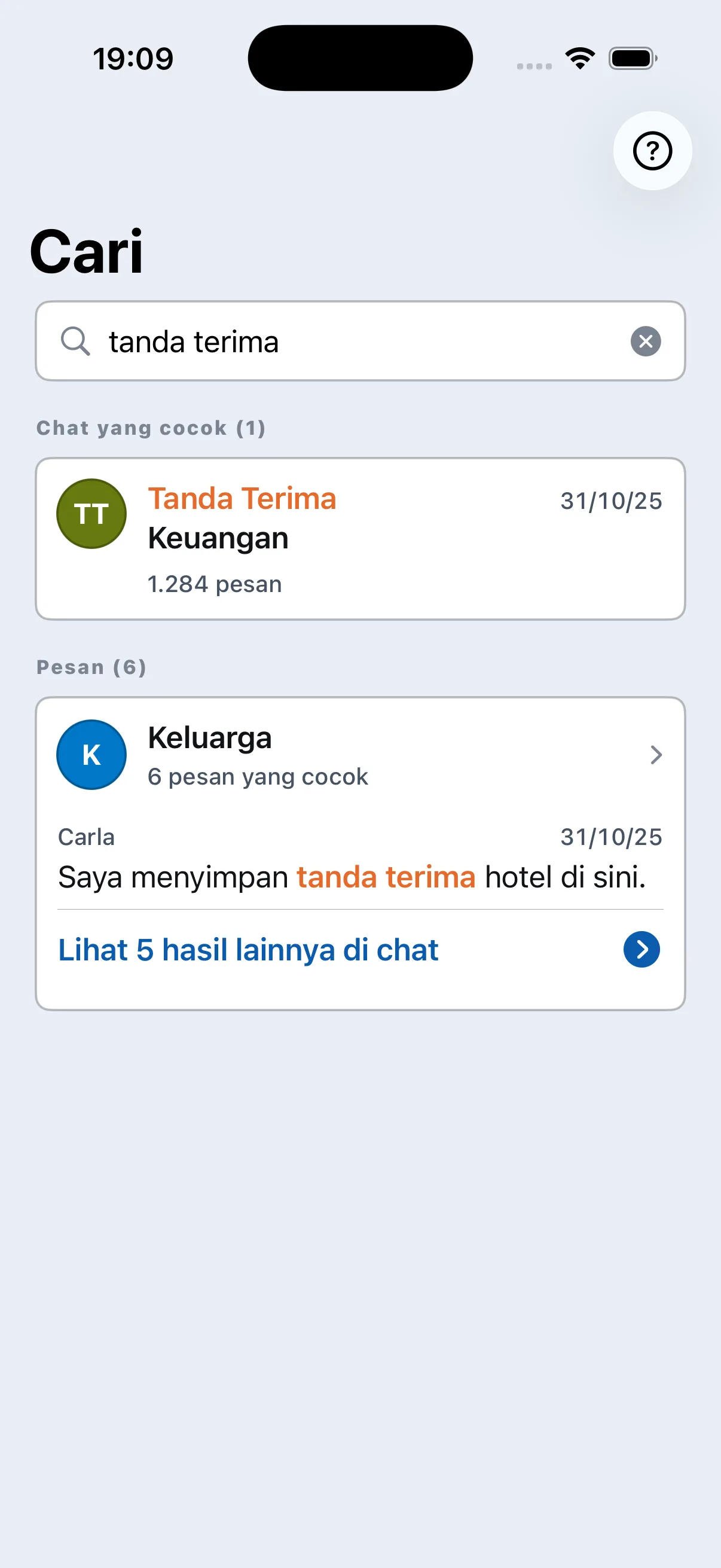 Hasil pencarian Chat Archive di dalam contoh percakapan yang diimpor