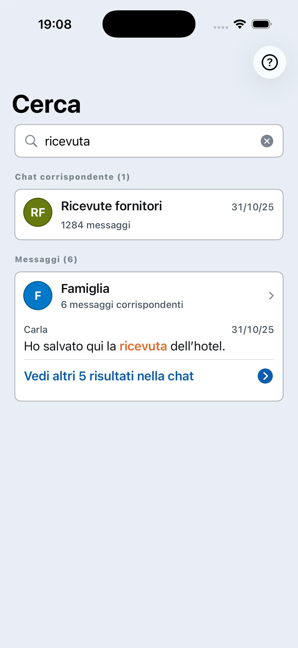 Schermata di ricerca di Chat Archive con risultati nei messaggi per ‘ricevuta’