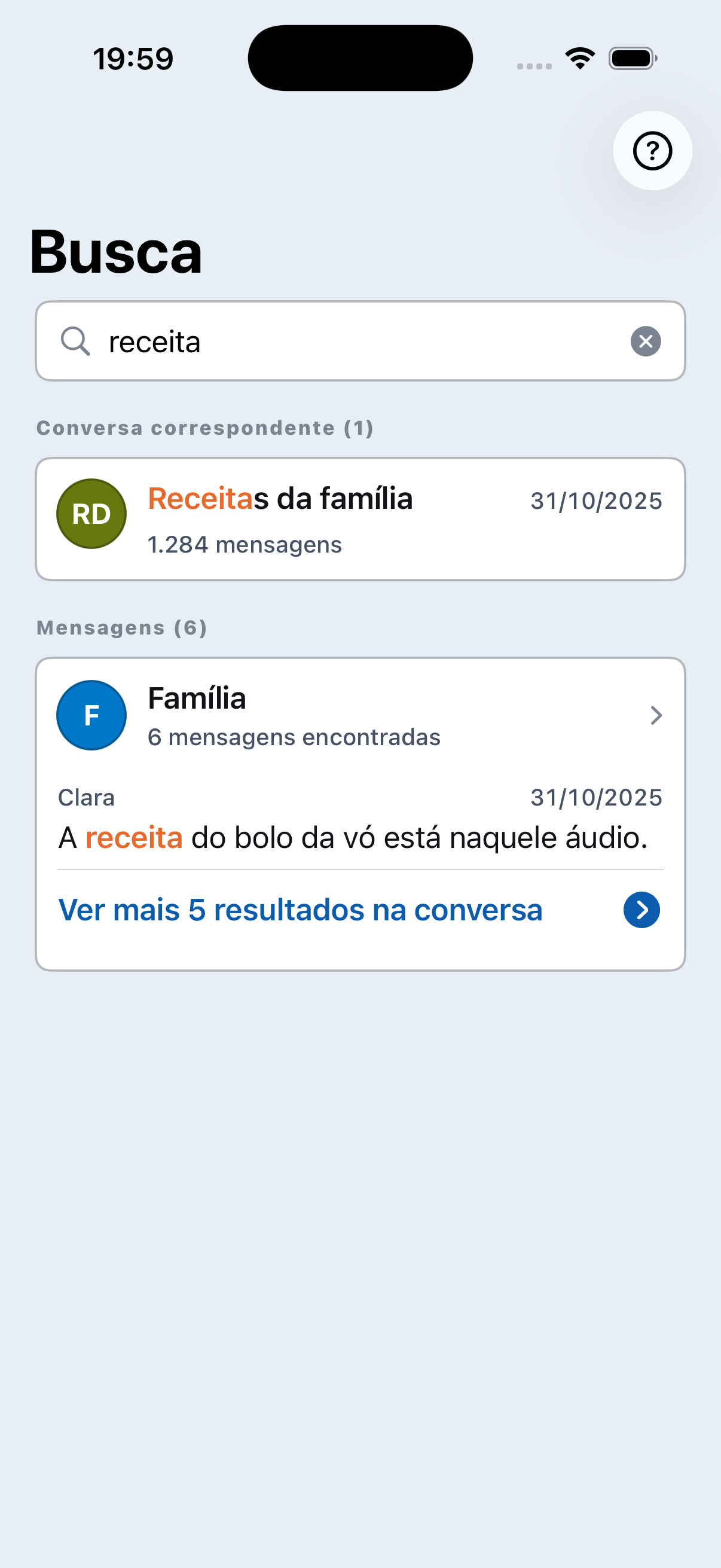 Resultados de busca do Chat Archive em uma conversa de exemplo importada