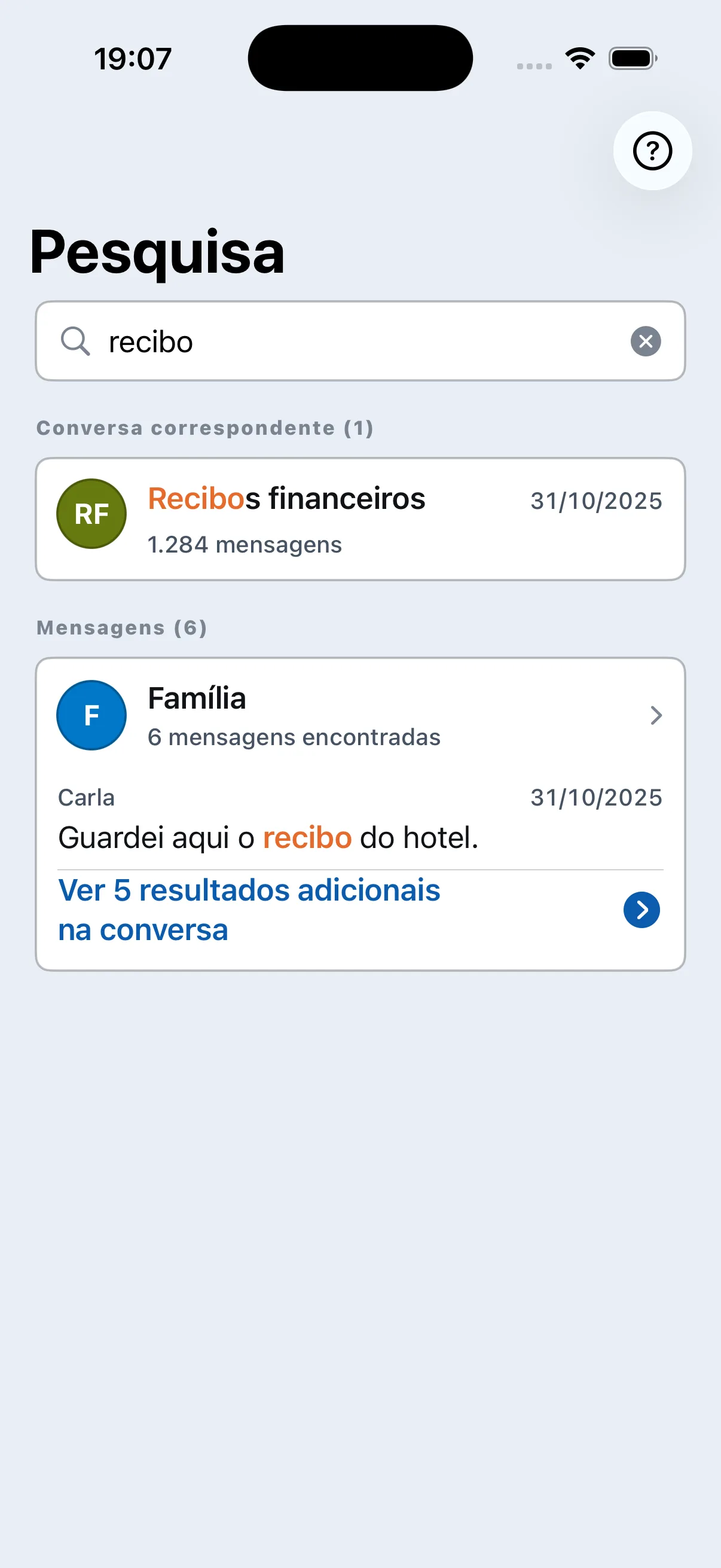 Ecrã de pesquisa do Chat Archive com resultados de mensagens para ‘recibo’