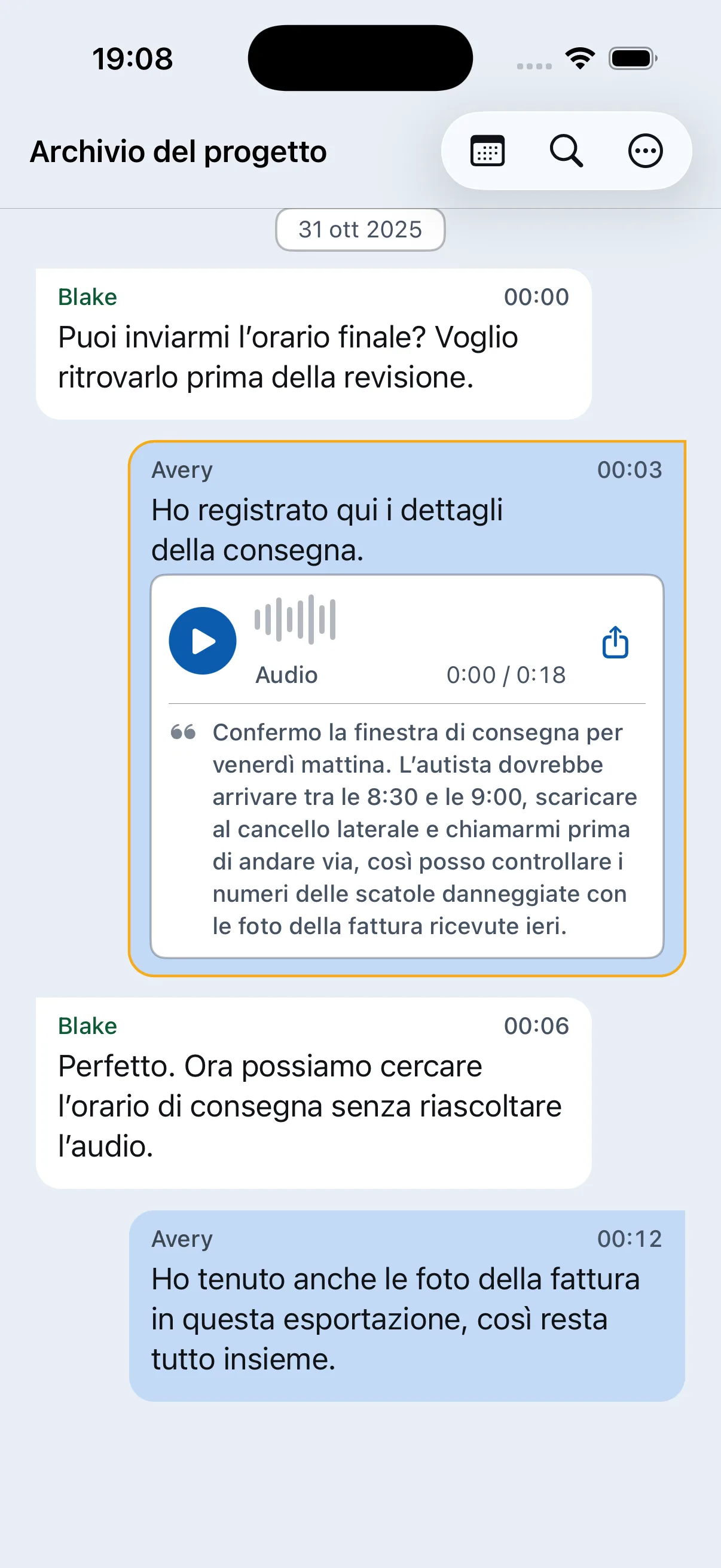 Chat Archive mostra la trascrizione di un messaggio vocale sull’orario di consegna in una conversazione di progetto
