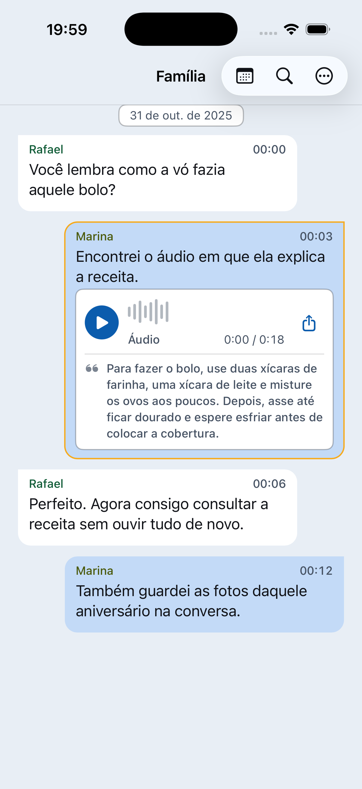 Tela do Chat Archive mostrando uma mensagem de voz com transcrição disponível