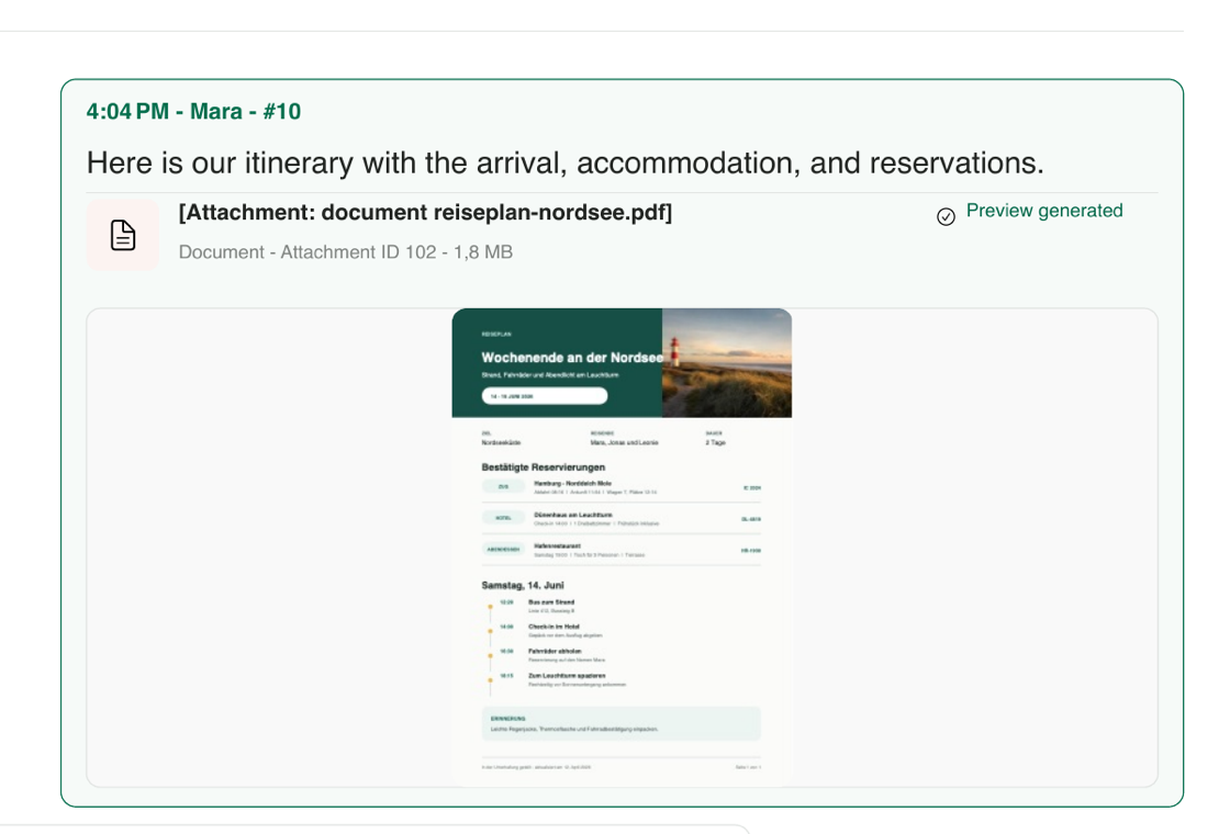 Message in a PDF with an attached itinerary and its first page rendered by the app