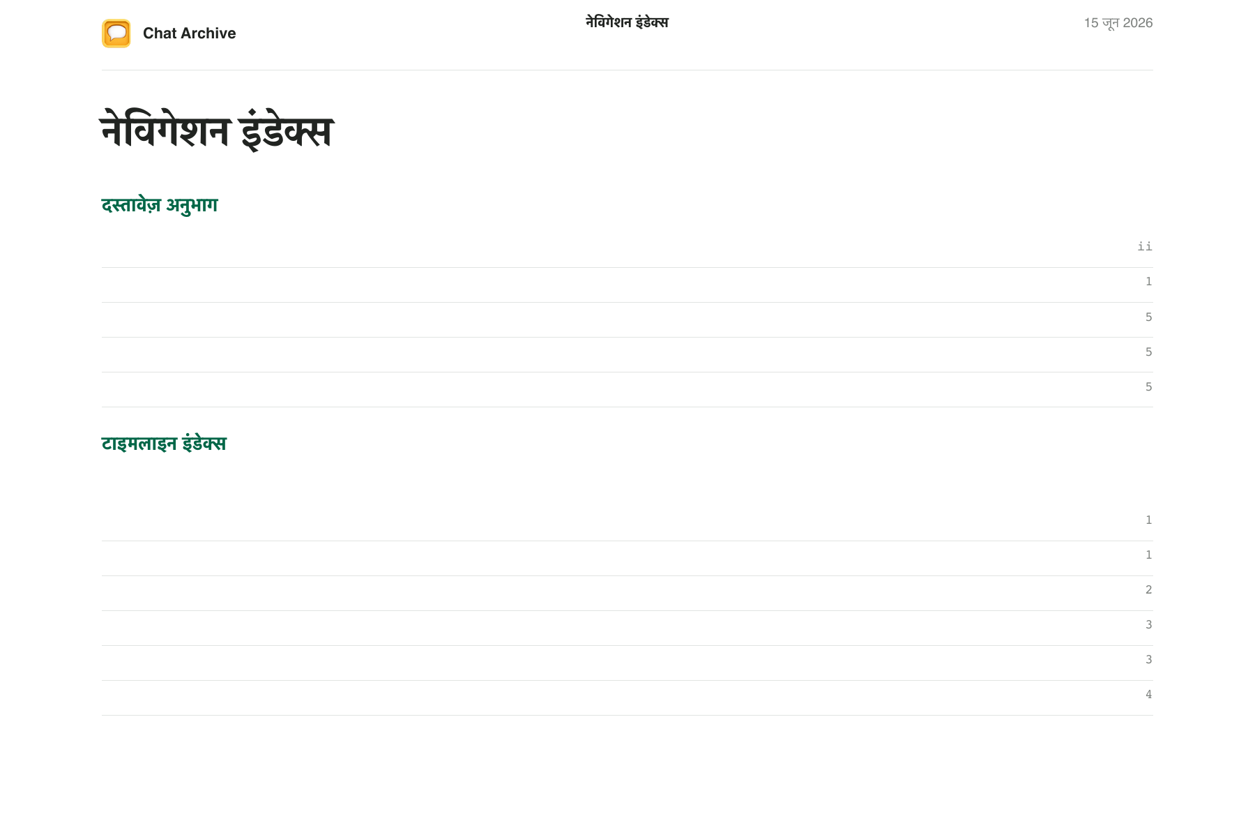 हिंदी PDF का नेविगेशन इंडेक्स जिसमें दस्तावेज़ के सेक्शन और बातचीत के महीनों के लिंक हैं